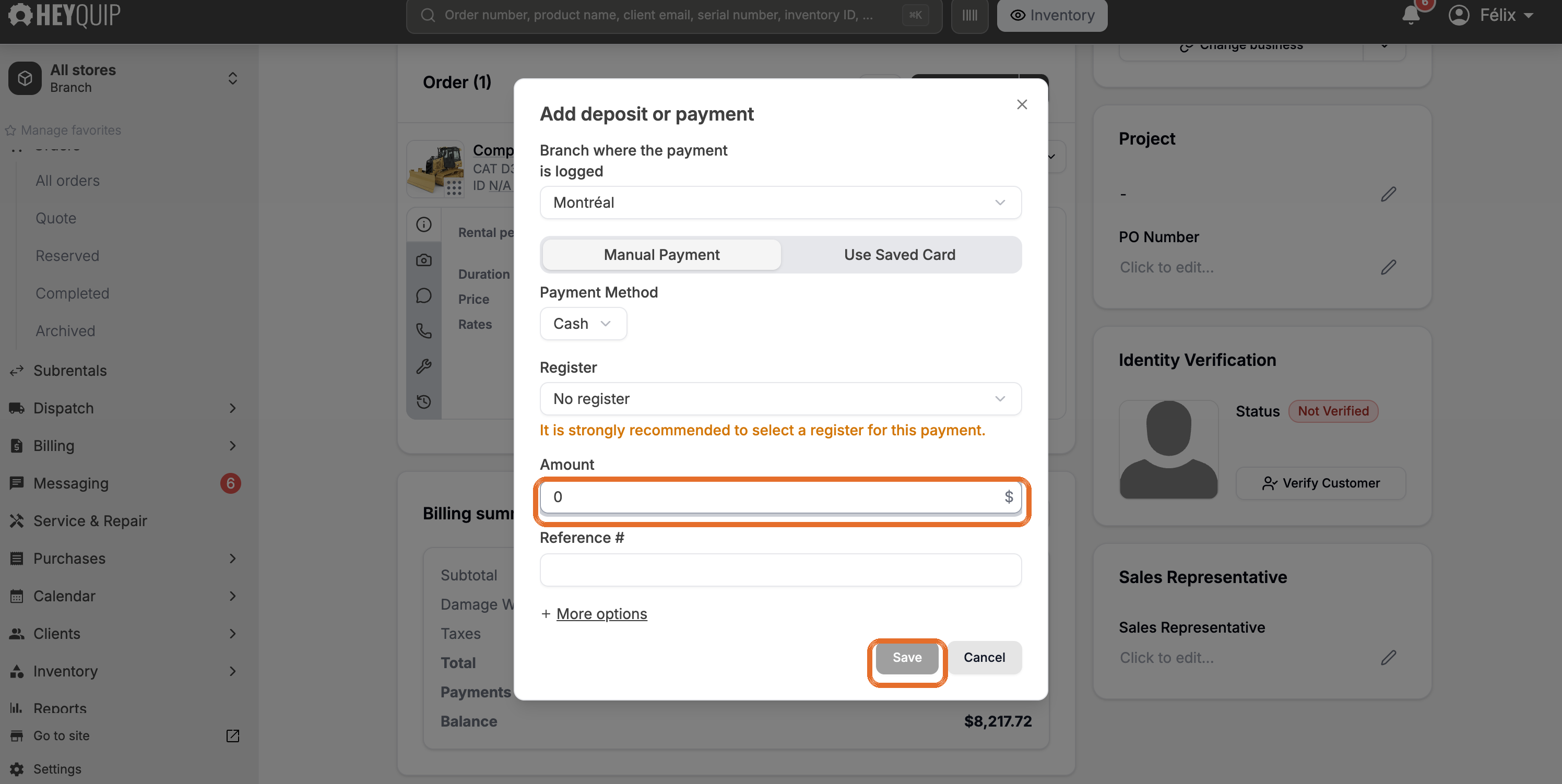 The Add deposit or payment window with the Amount field and Save button highlighted