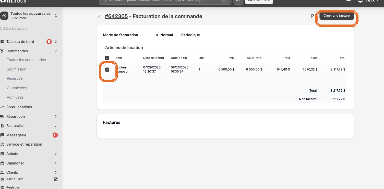 L'écran Facturation de la commande avec une ligne cochée et le bouton de création de facture en évidence