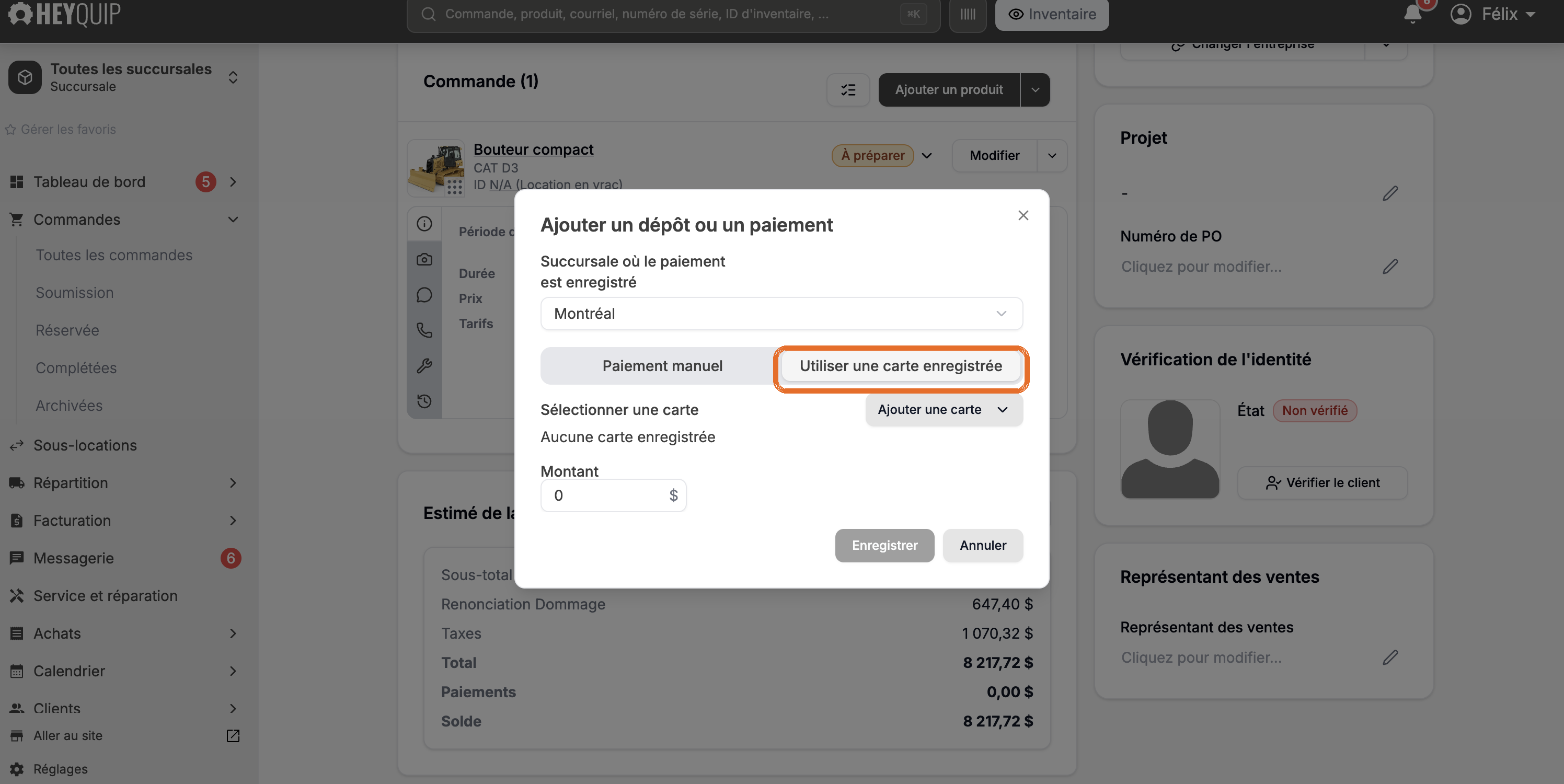 La fenêtre de paiement avec l'onglet de carte enregistrée sélectionné