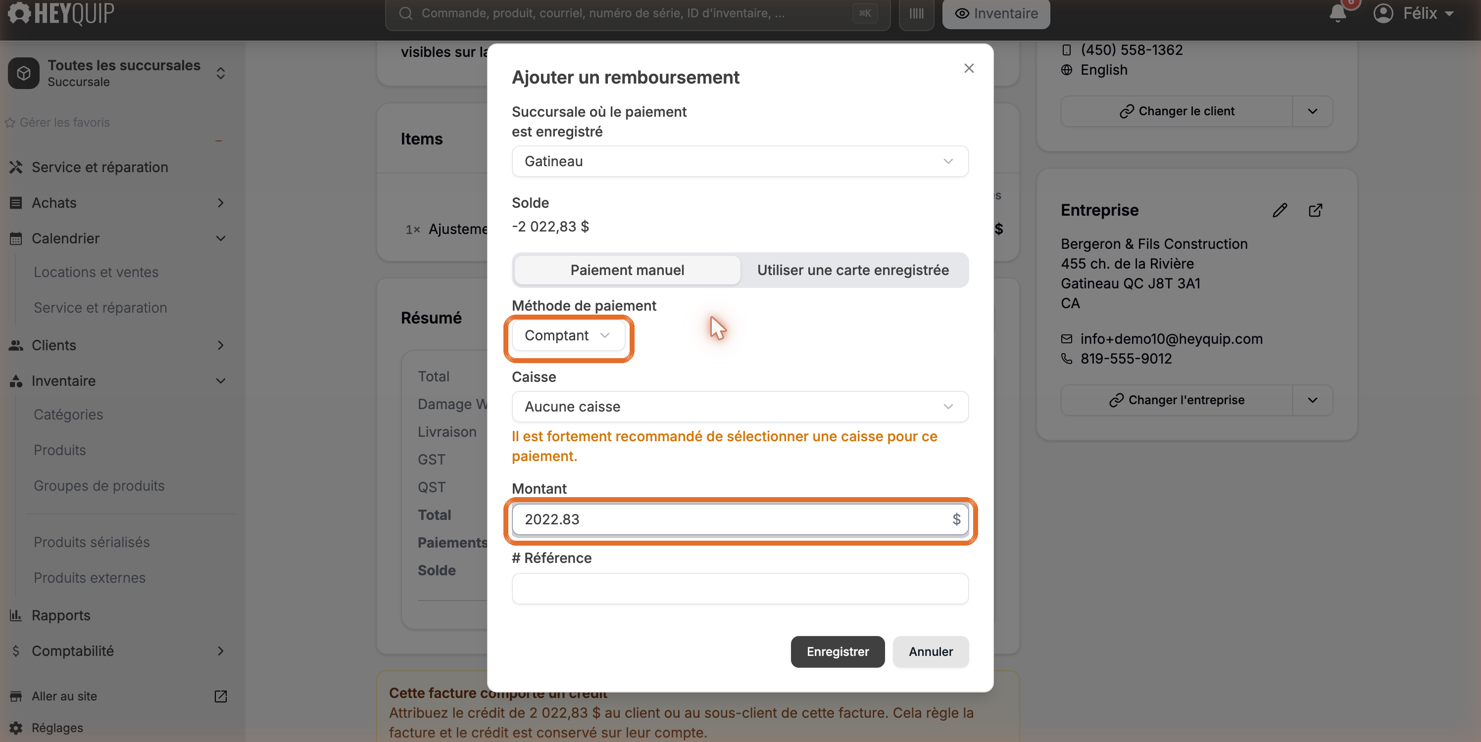 La fenêtre d'ajout de remboursement avec le mode de paiement et le montant en évidence