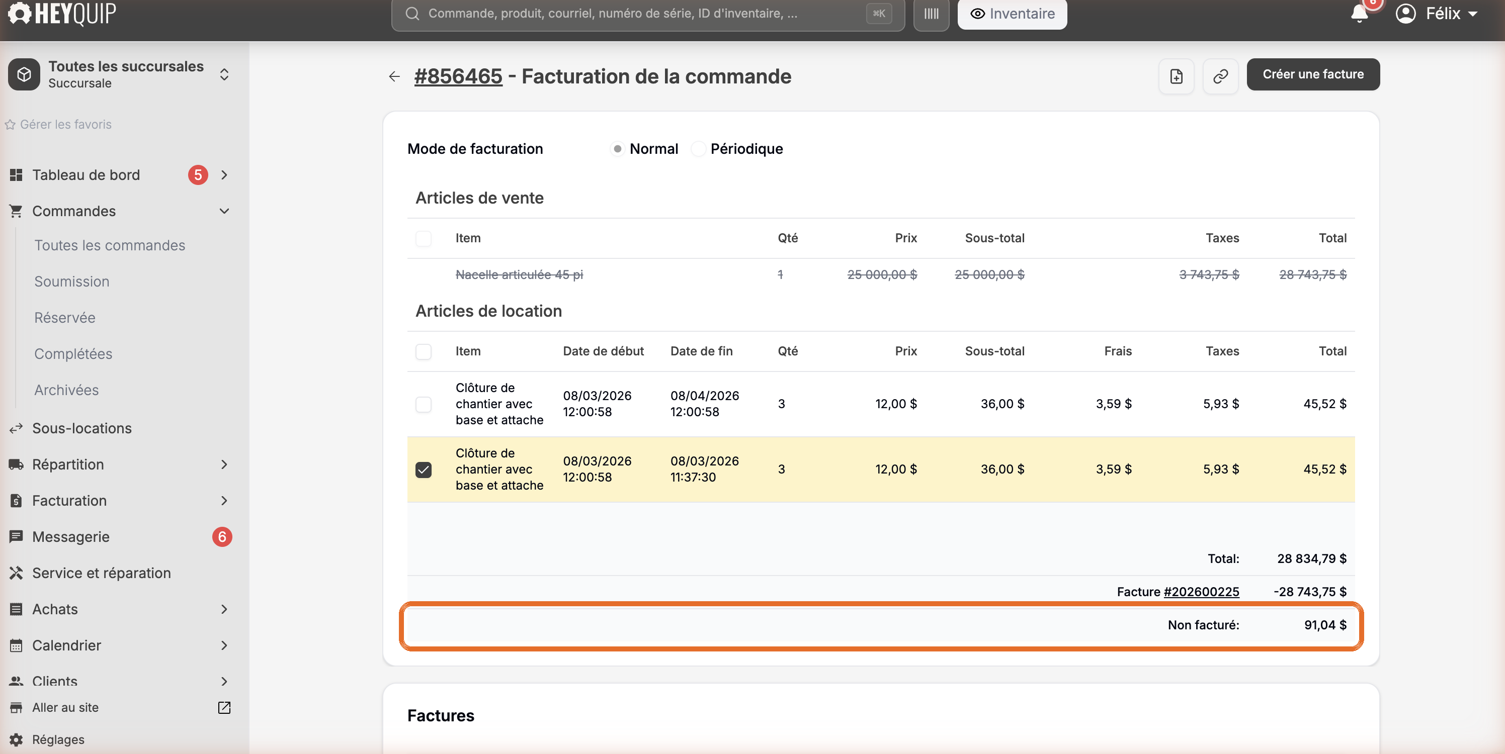 L'écran Facturation de la commande avec le montant non facturé en évidence