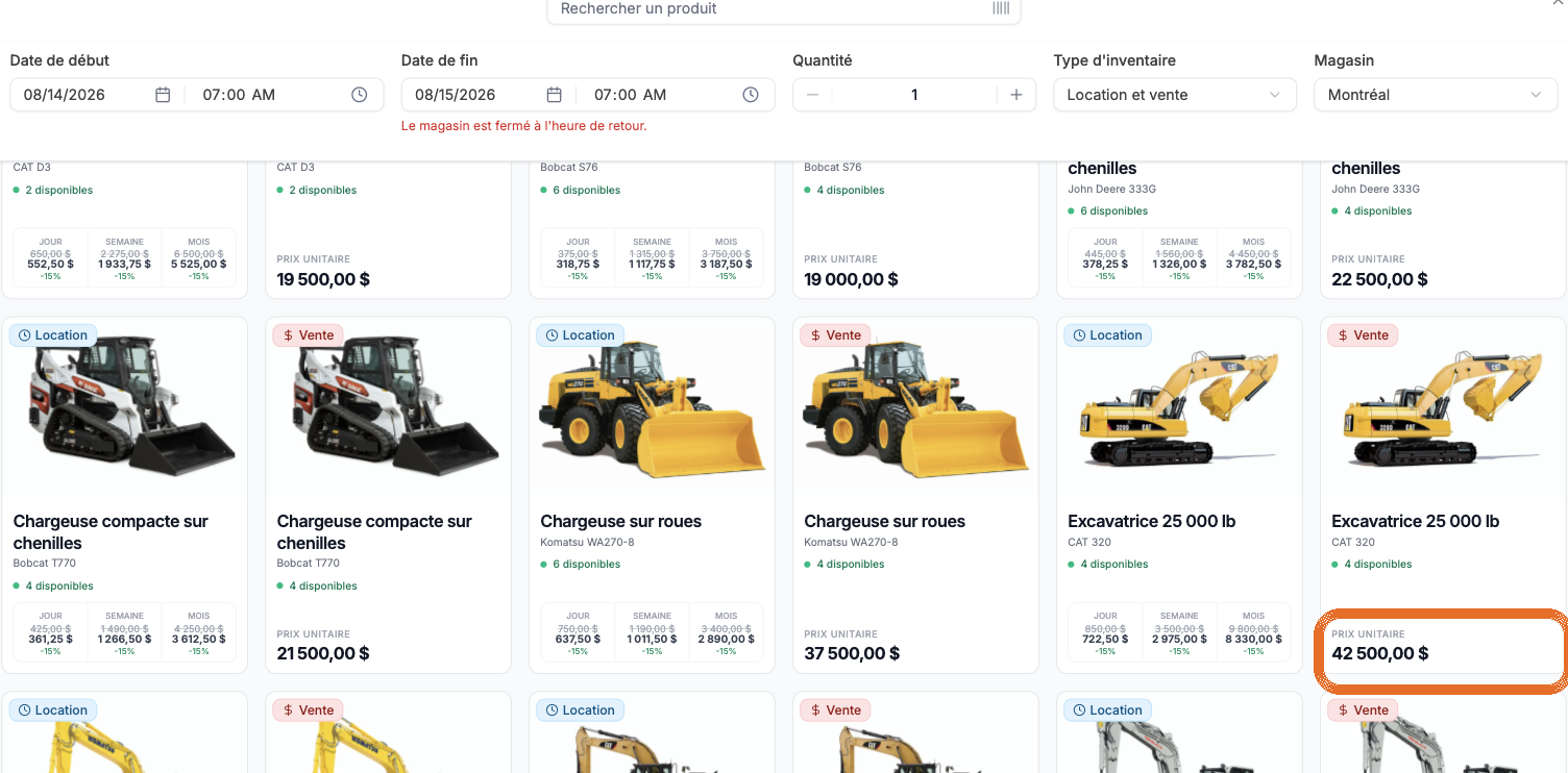 Le catalogue avec une carte Louer et une carte Vendre côte à côte et le prix unitaire en évidence
