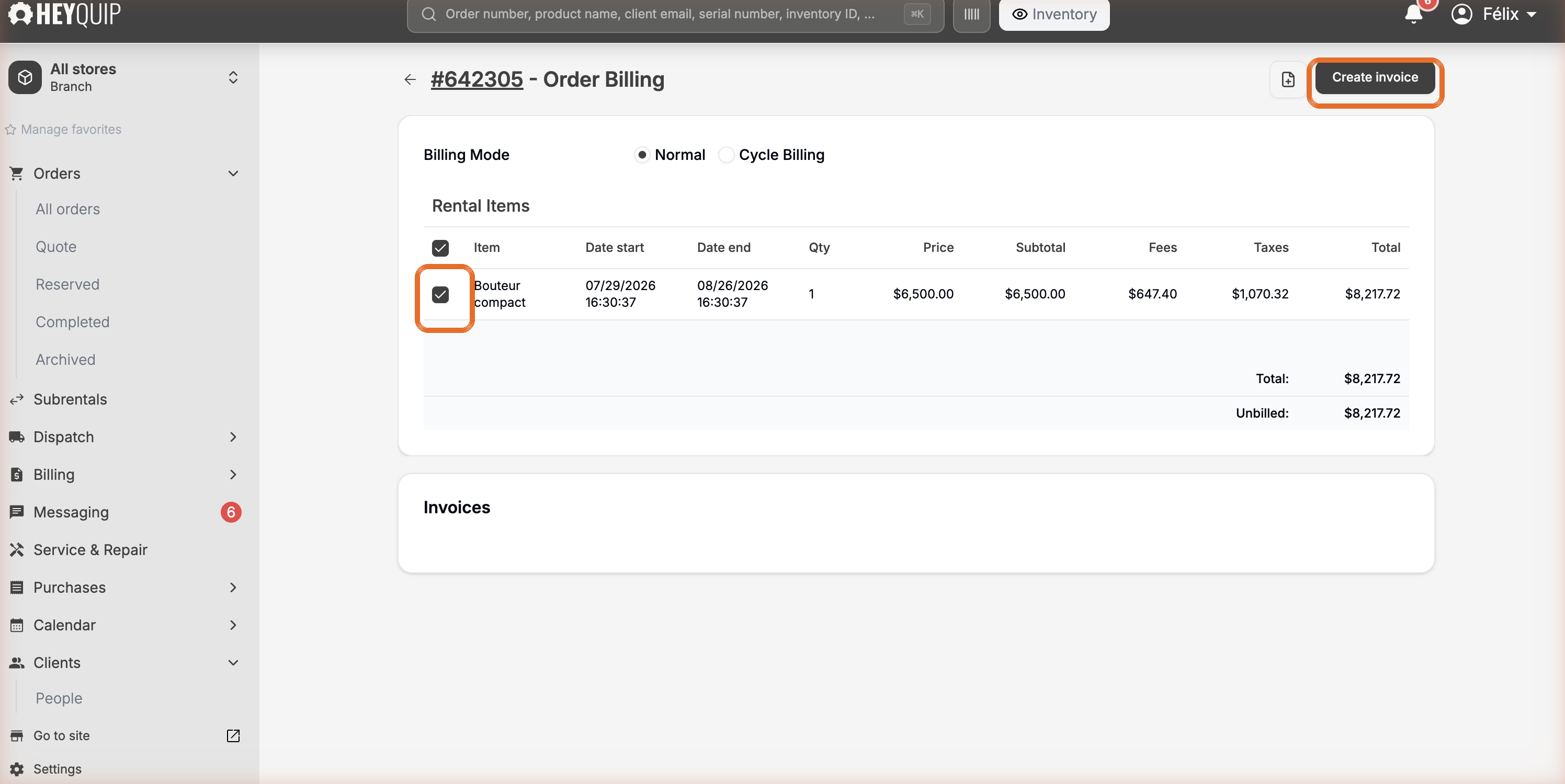 The Order Billing screen with a line ticked and the Create invoice button highlighted