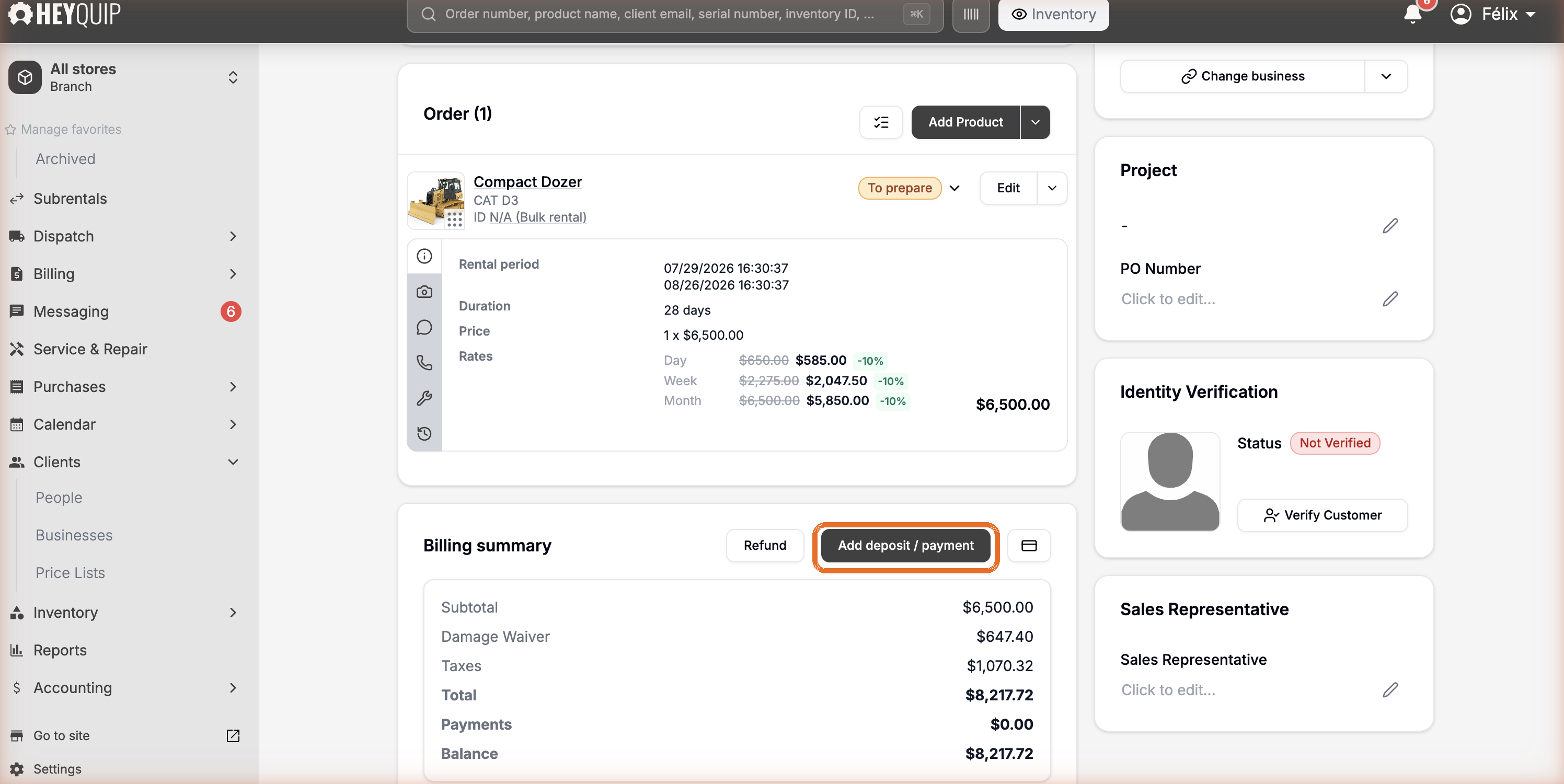 The Billing summary with the Add deposit / payment button highlighted