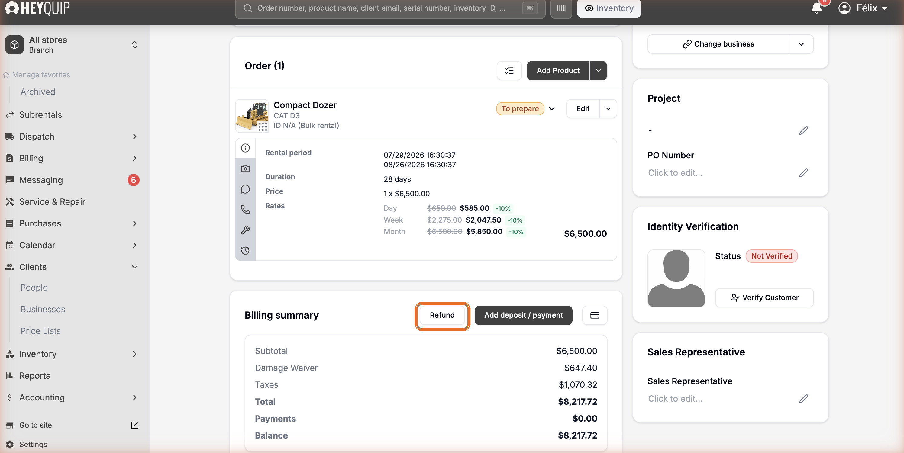 The Billing summary with the Refund button highlighted