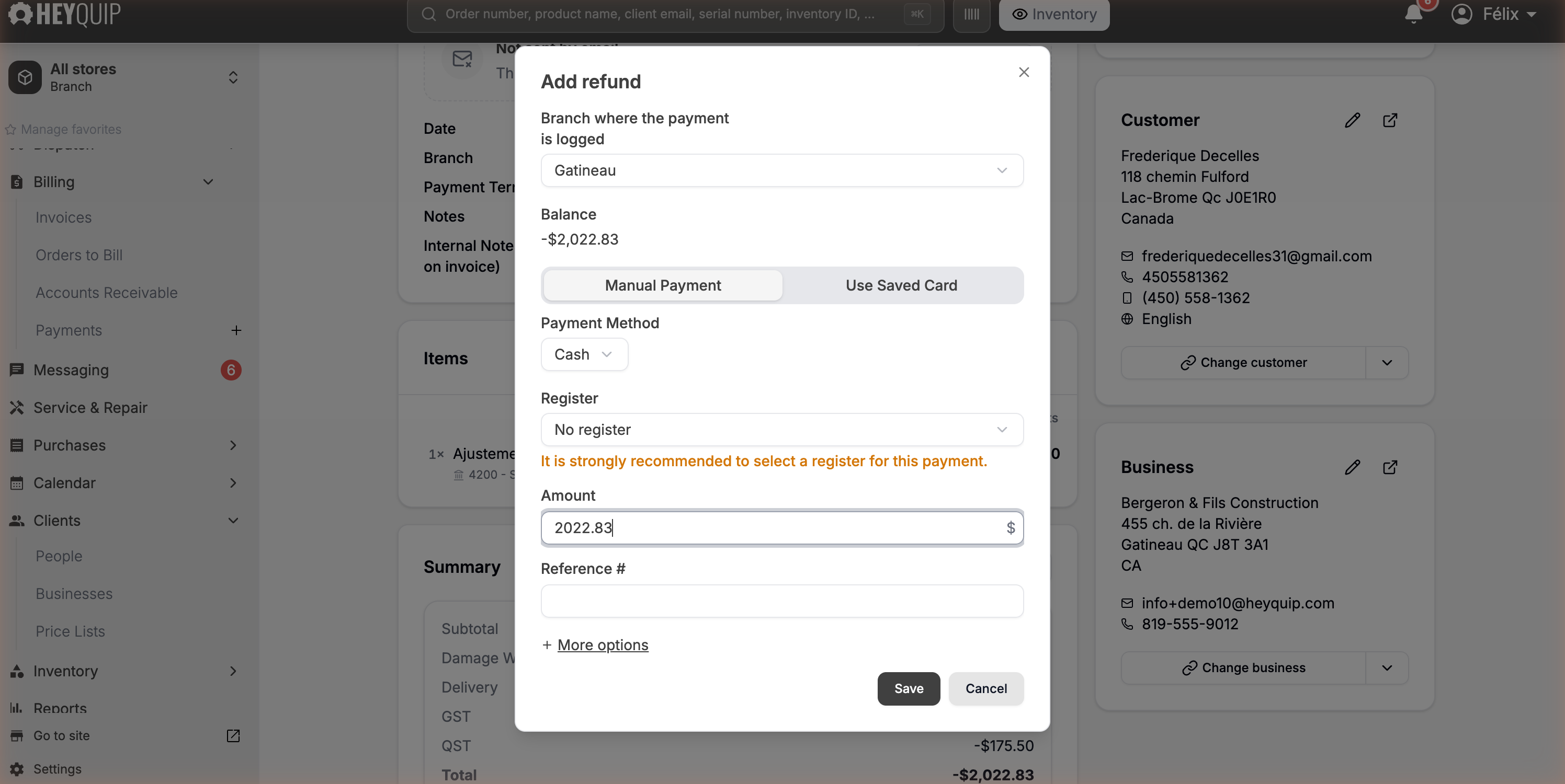 The Add refund window with the Payment Method and Amount highlighted