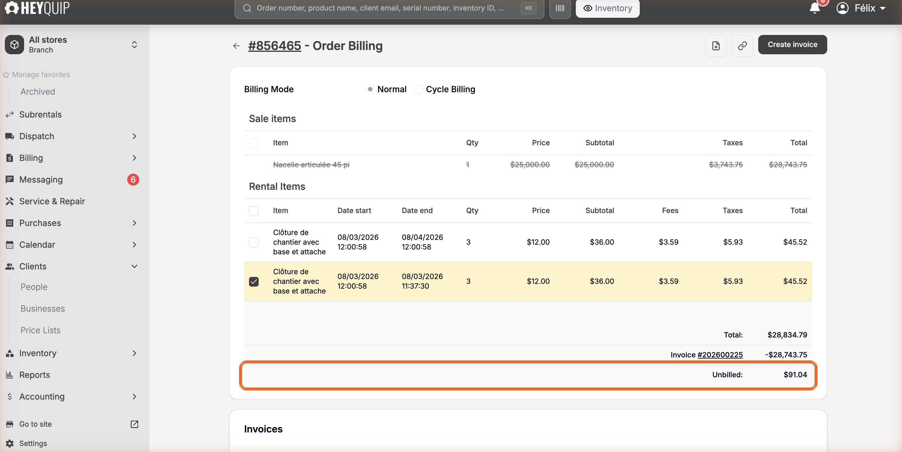 The Order Billing screen with the Unbilled remainder highlighted