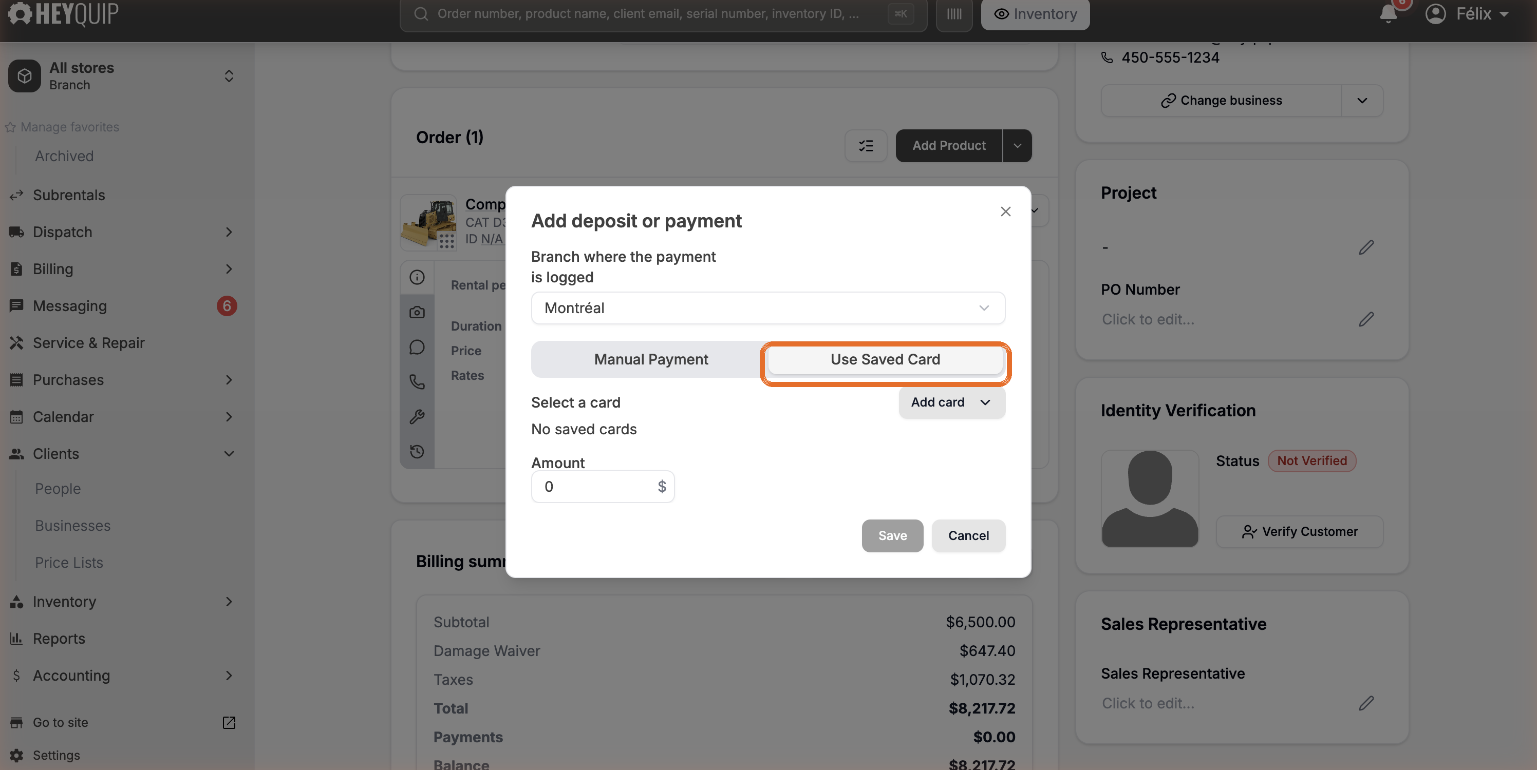 The payment window with the Use Saved Card tab selected