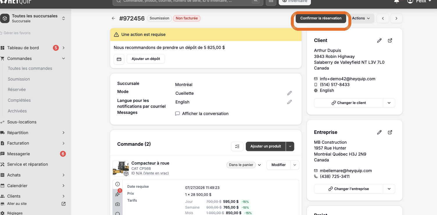 La commande avec le bouton Confirmer la réservation en évidence