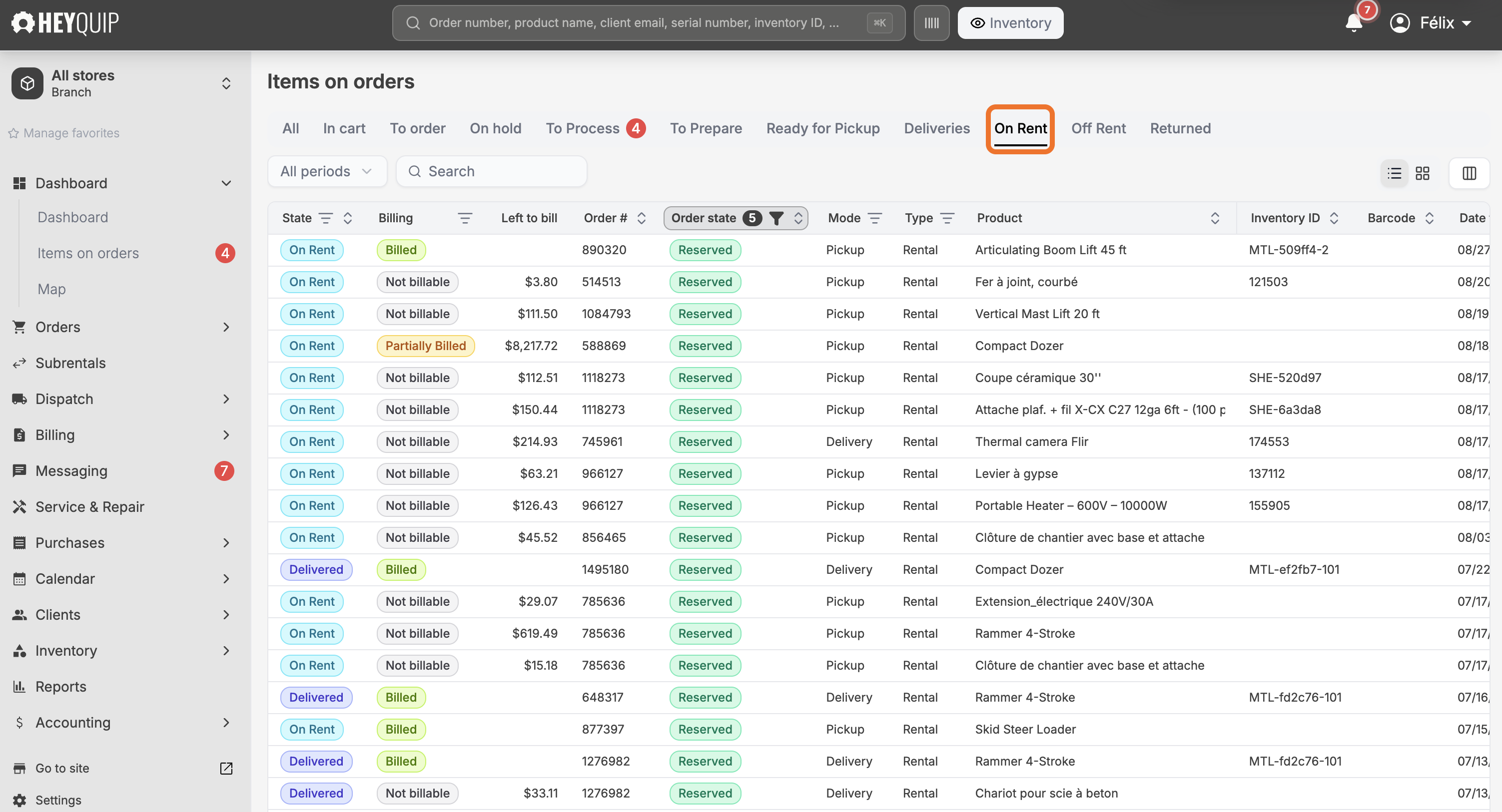 The Items on orders screen with the On Rent filter tab