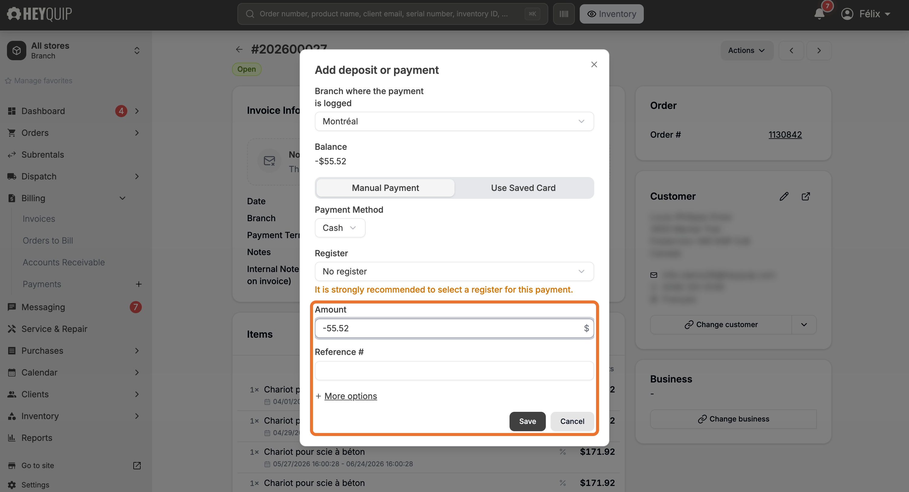 The Add Payment window with the Amount field defaulted to the invoice balance