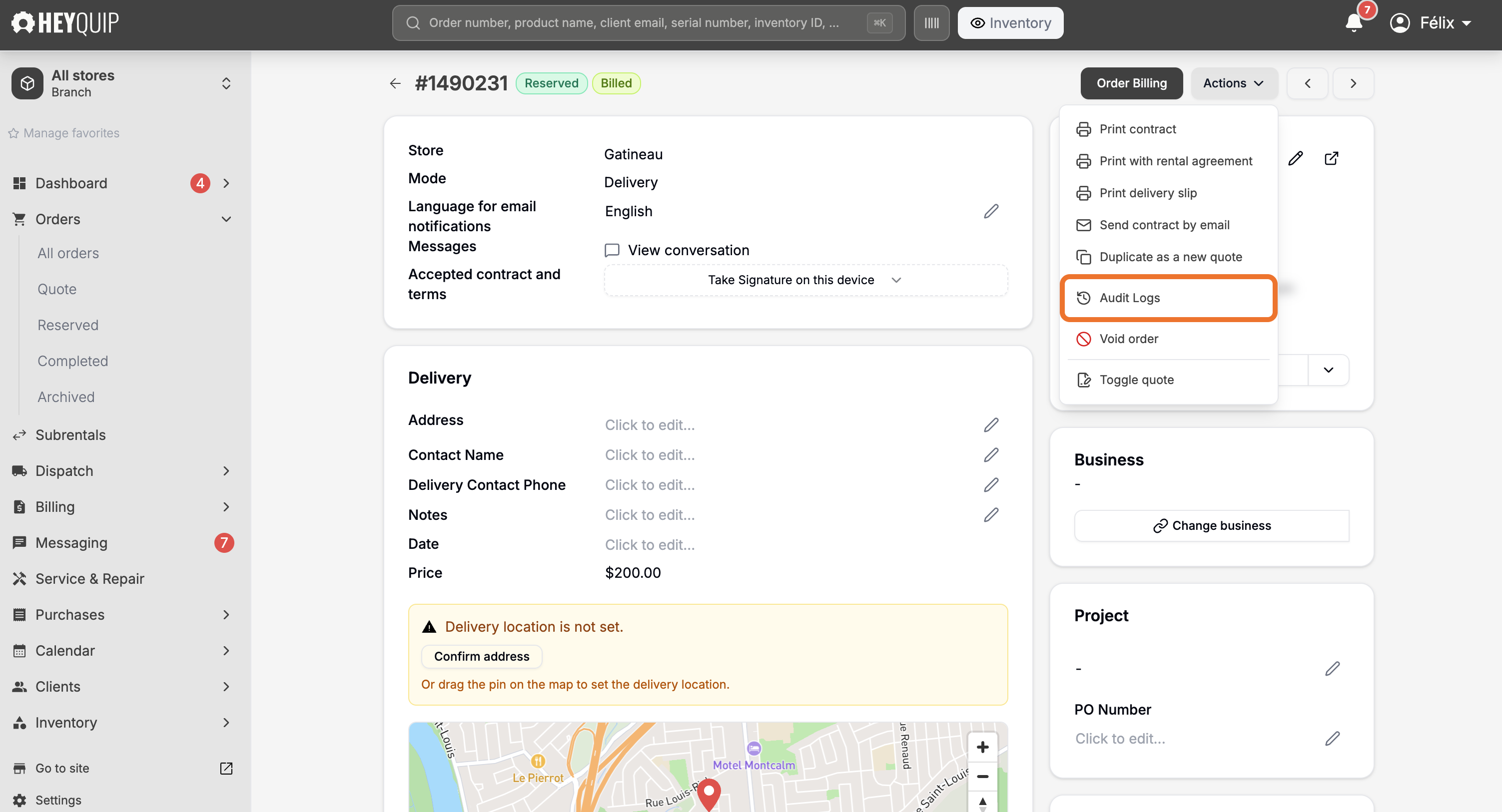 The Actions menu open on an order, with Audit Logs highlighted