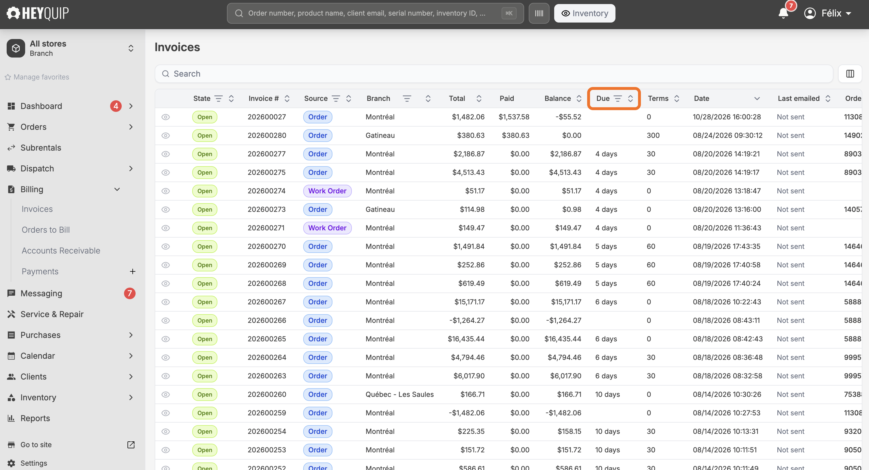 The Invoices list's Due column, the one to sort when chasing money