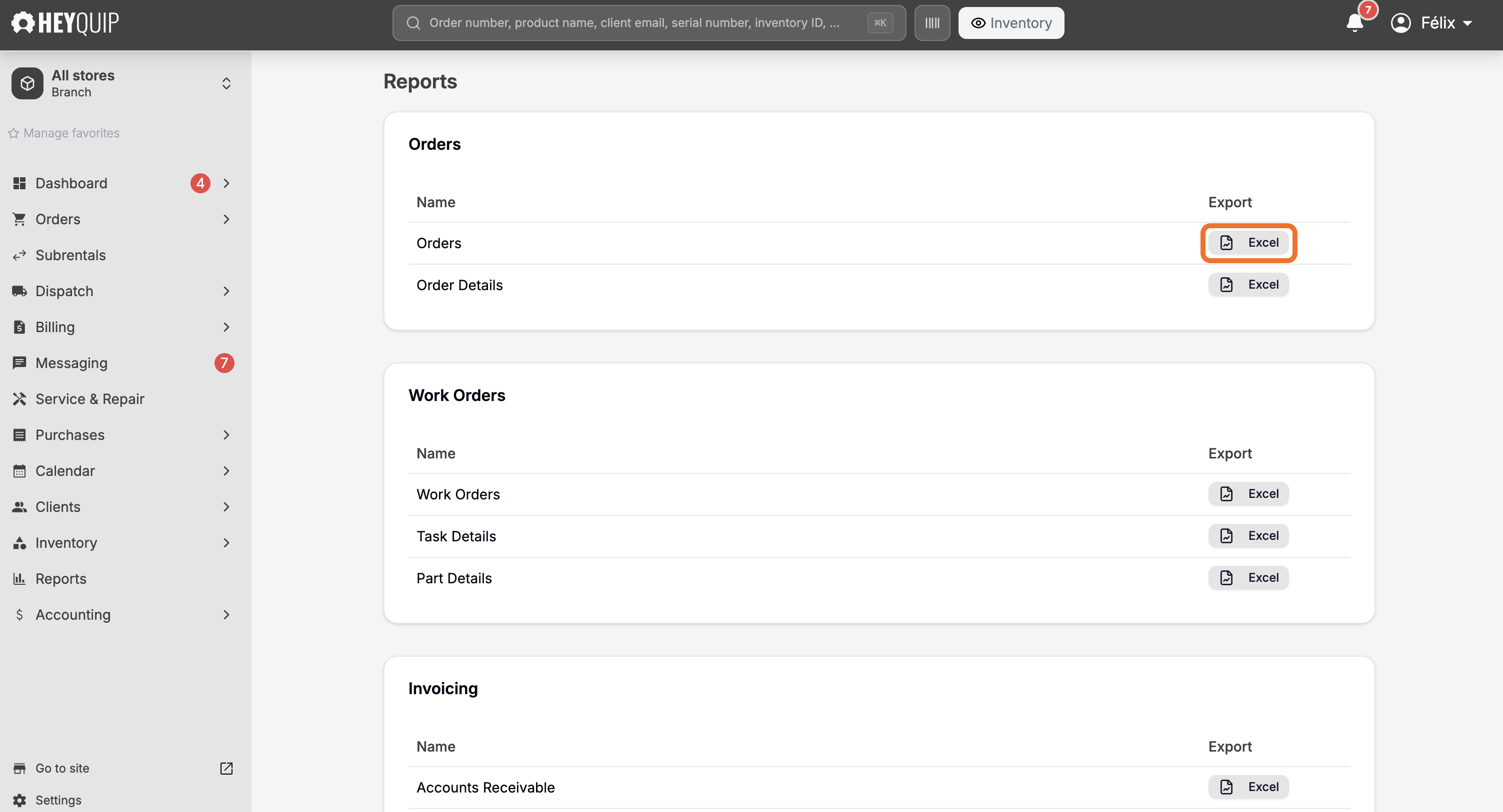 The Reports screen's Orders group, with the Orders row's Excel button highlighted