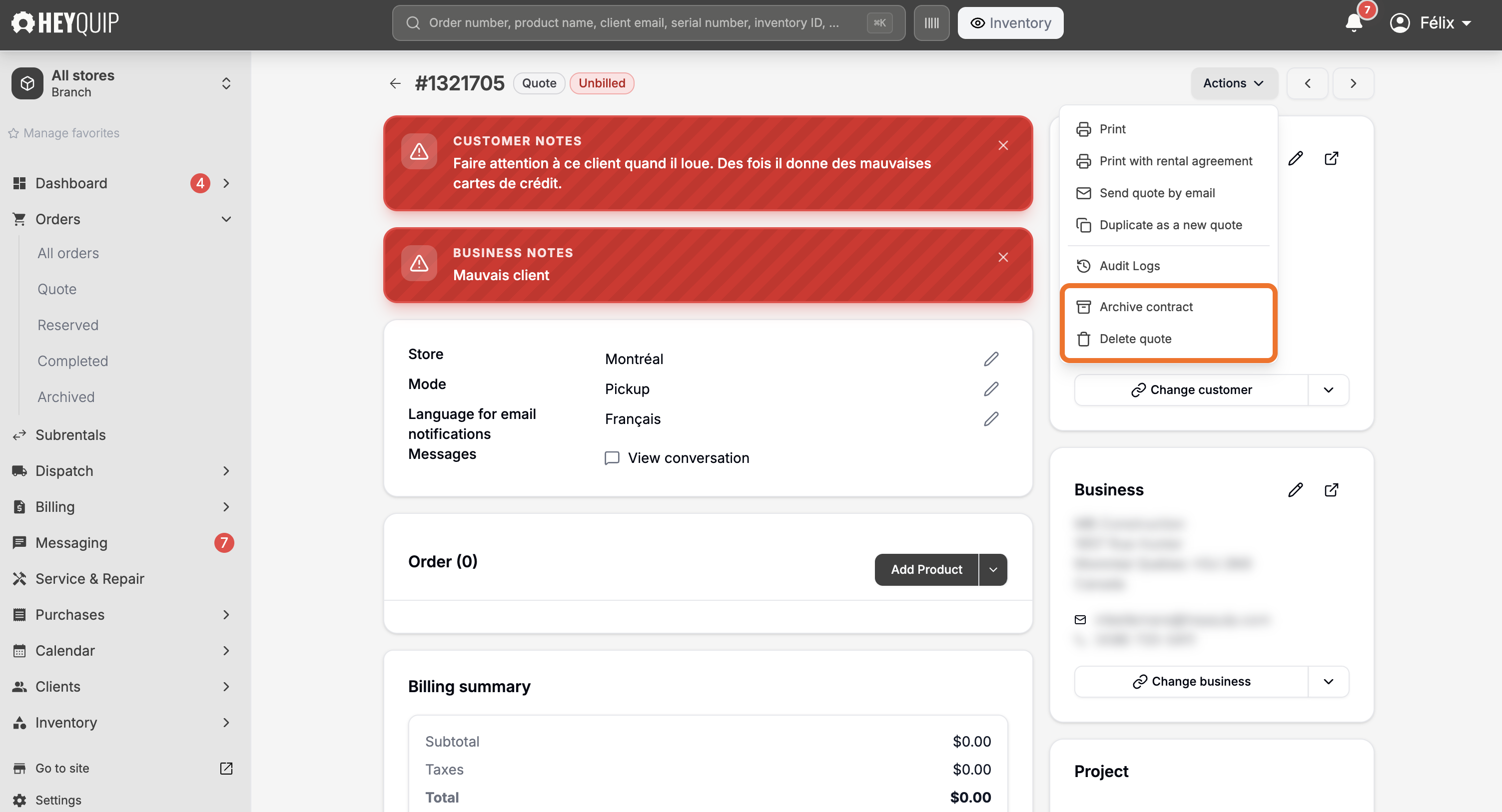 The Actions menu open on a quote, with Archive contract and Delete quote highlighted