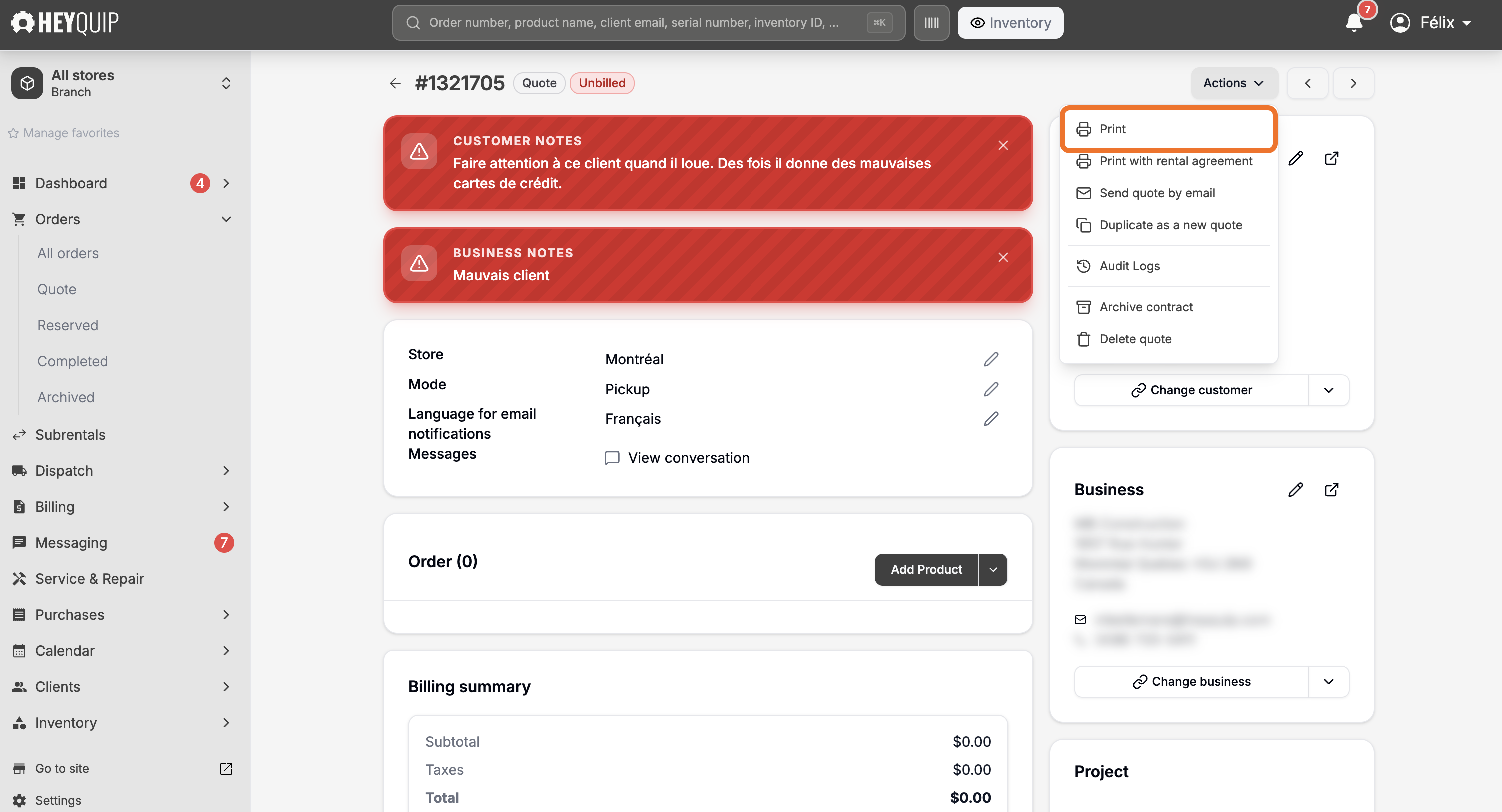The Actions menu open on an order, with Print highlighted