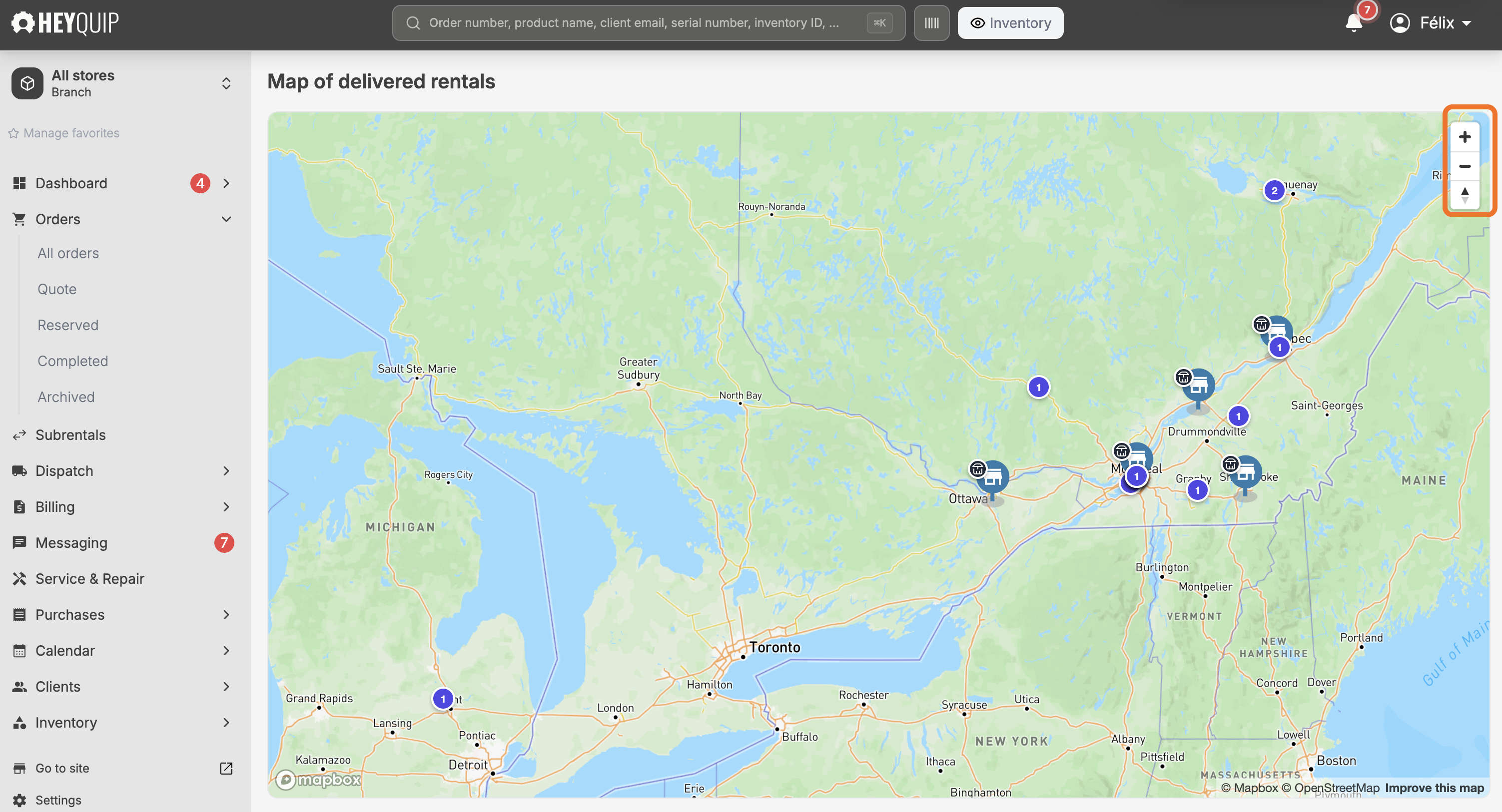 The zoom and compass controls on the Map of delivered rentals