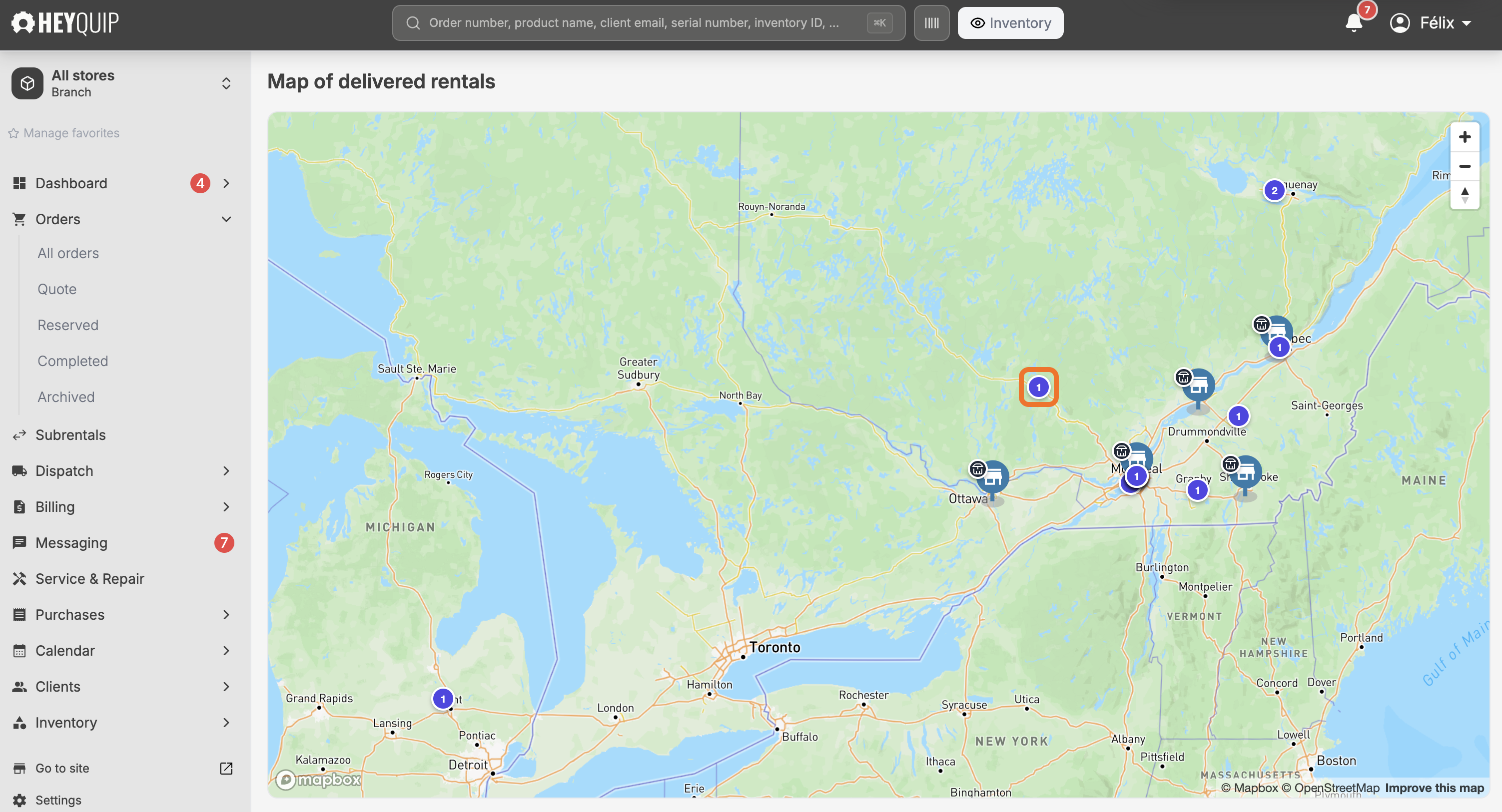 A numbered pin on the map marking several deliveries clustered at one spot