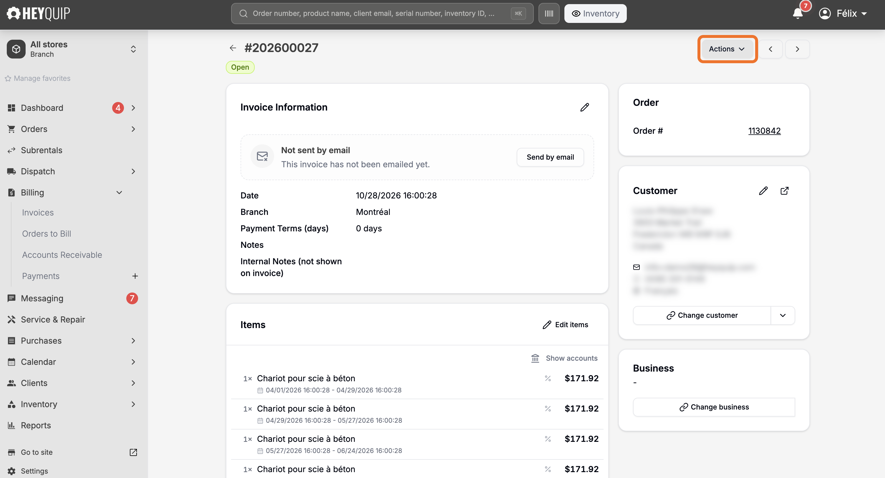 An open invoice's header with the Actions button, before voiding it