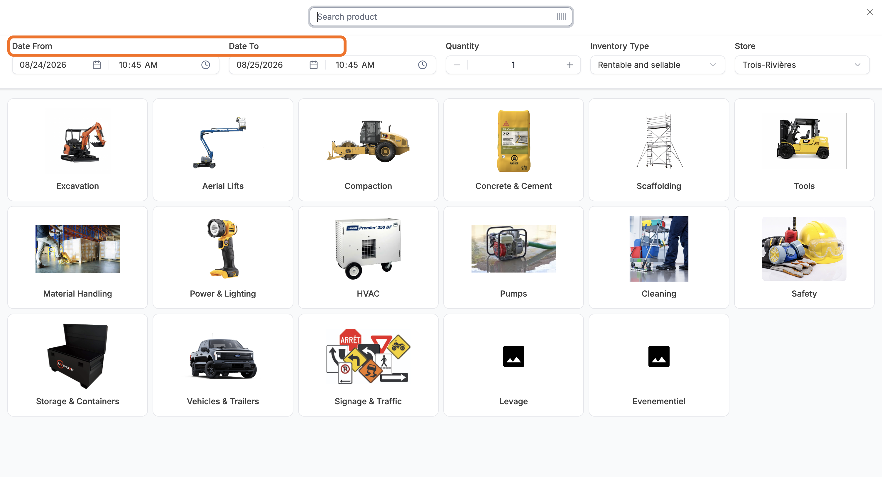 The Add Product catalogue with the Date From and Date To pickers highlighted