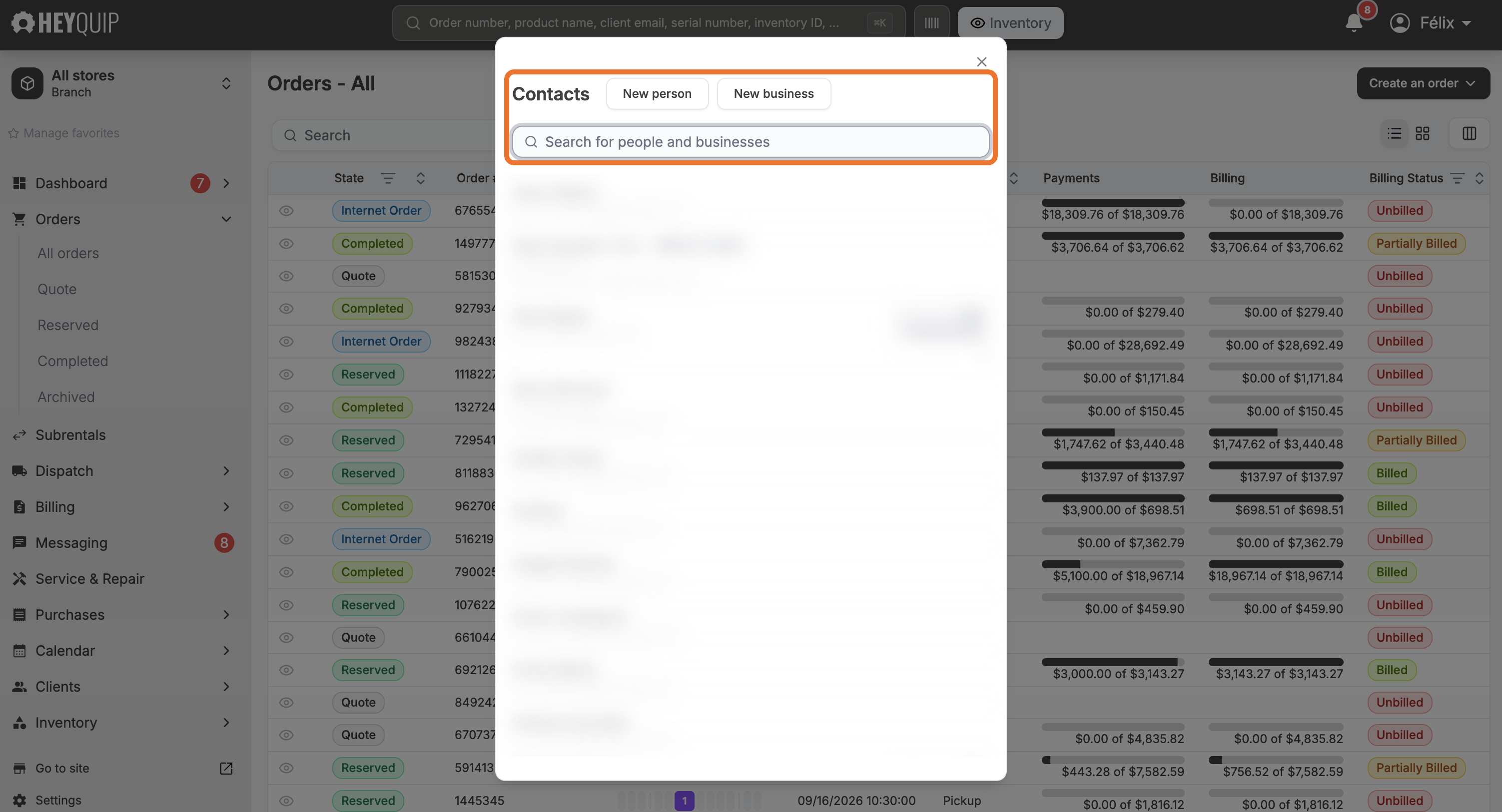 The Contacts window with New person, New business and the search field outlined