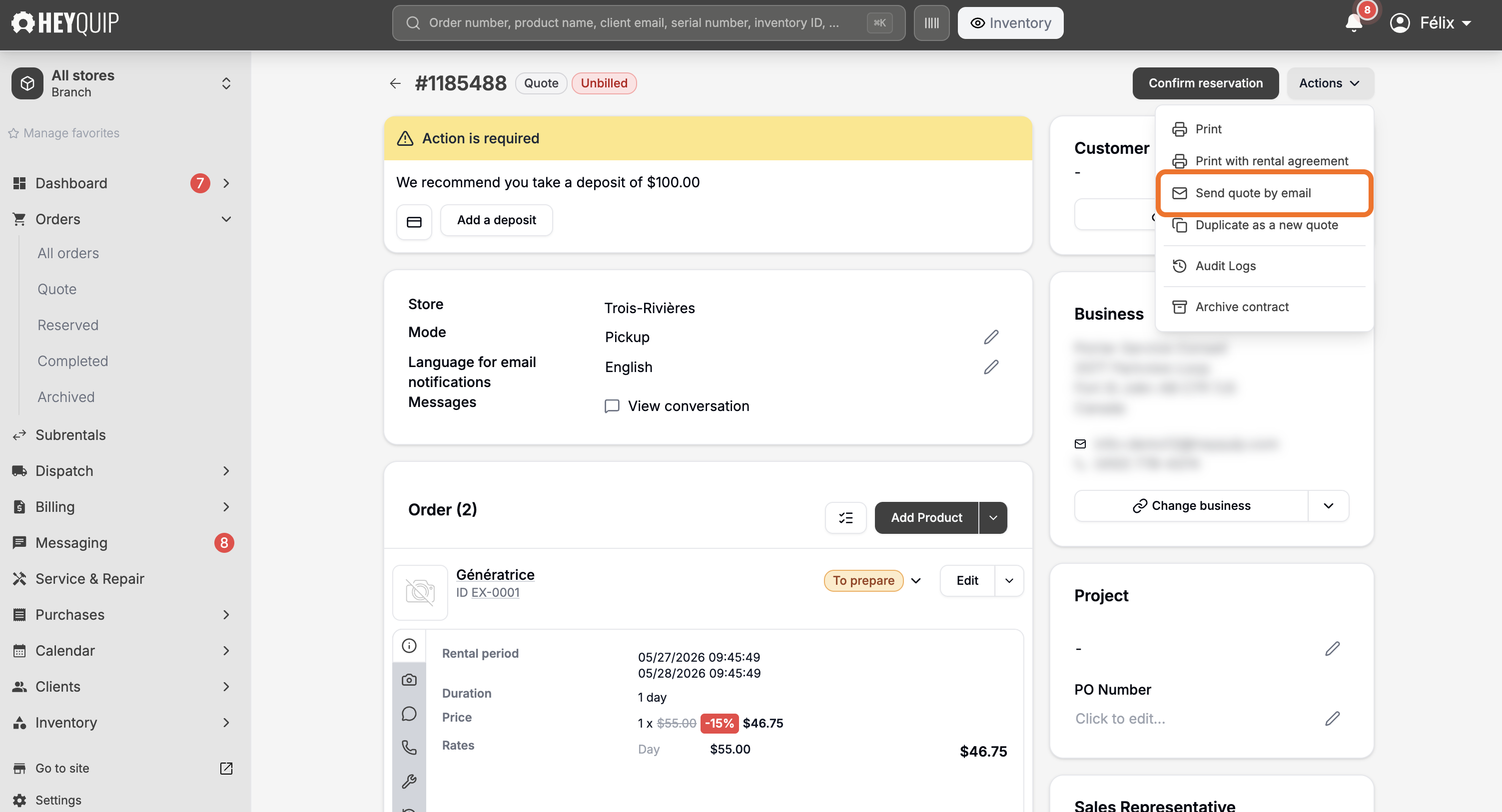 The Actions menu open on a quote, with Send quote by email outlined