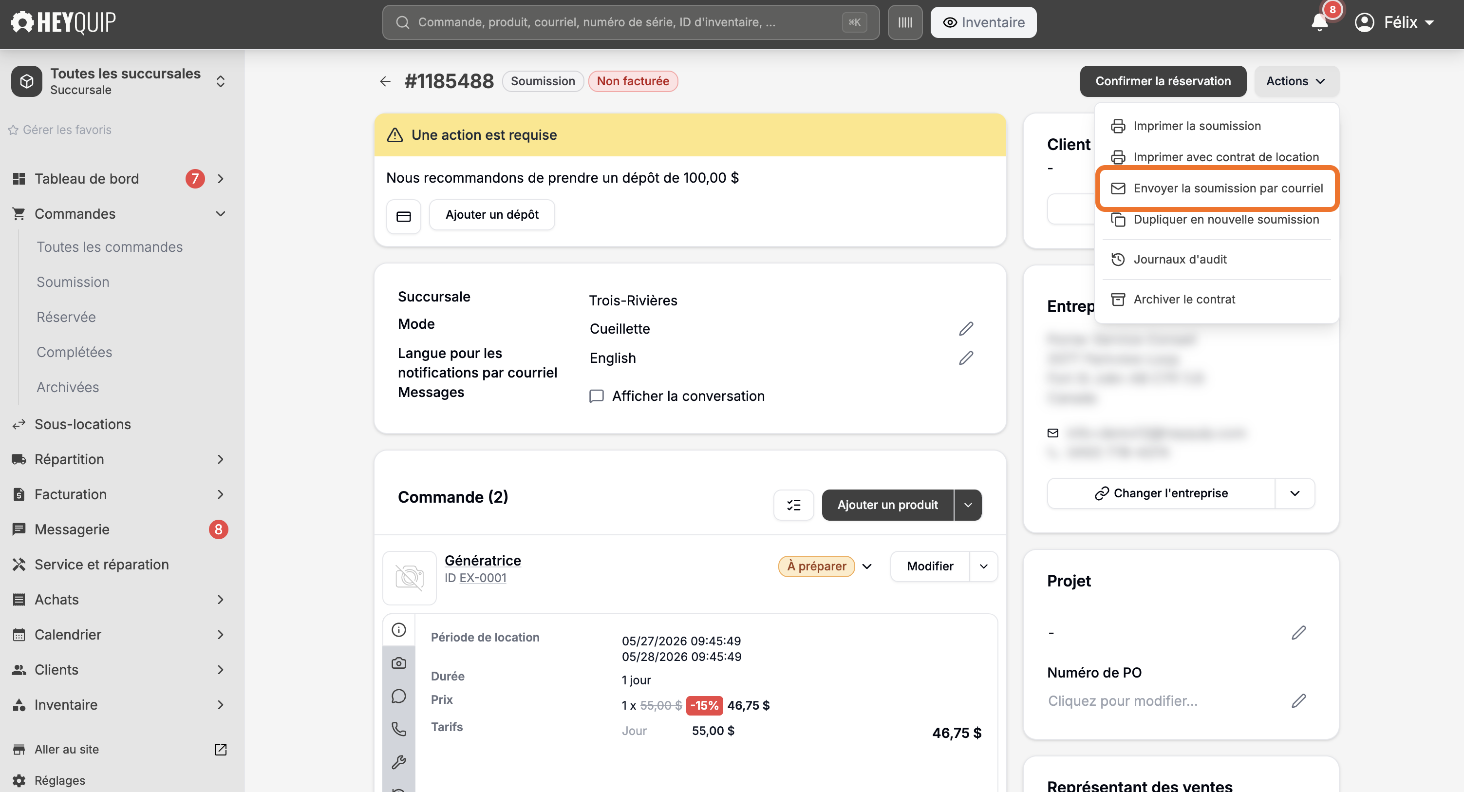 Le menu Actions ouvert sur une soumission, avec Envoyer la soumission par courriel encadré