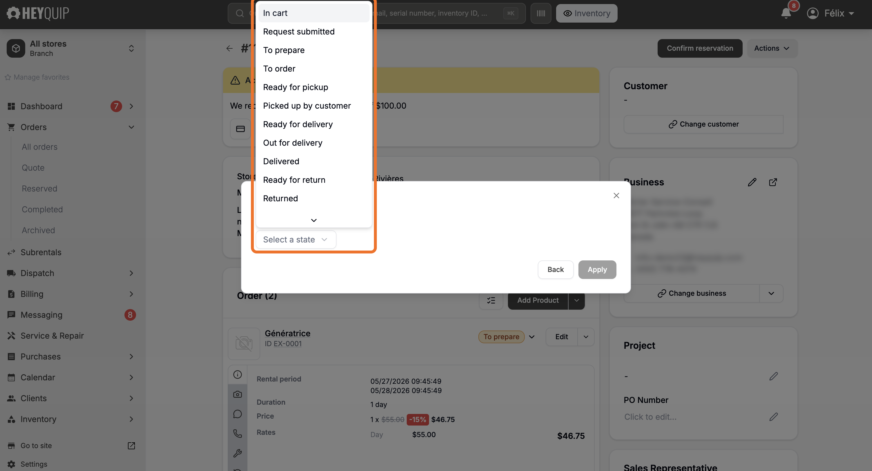 The Select a state list open, from In cart to Returned