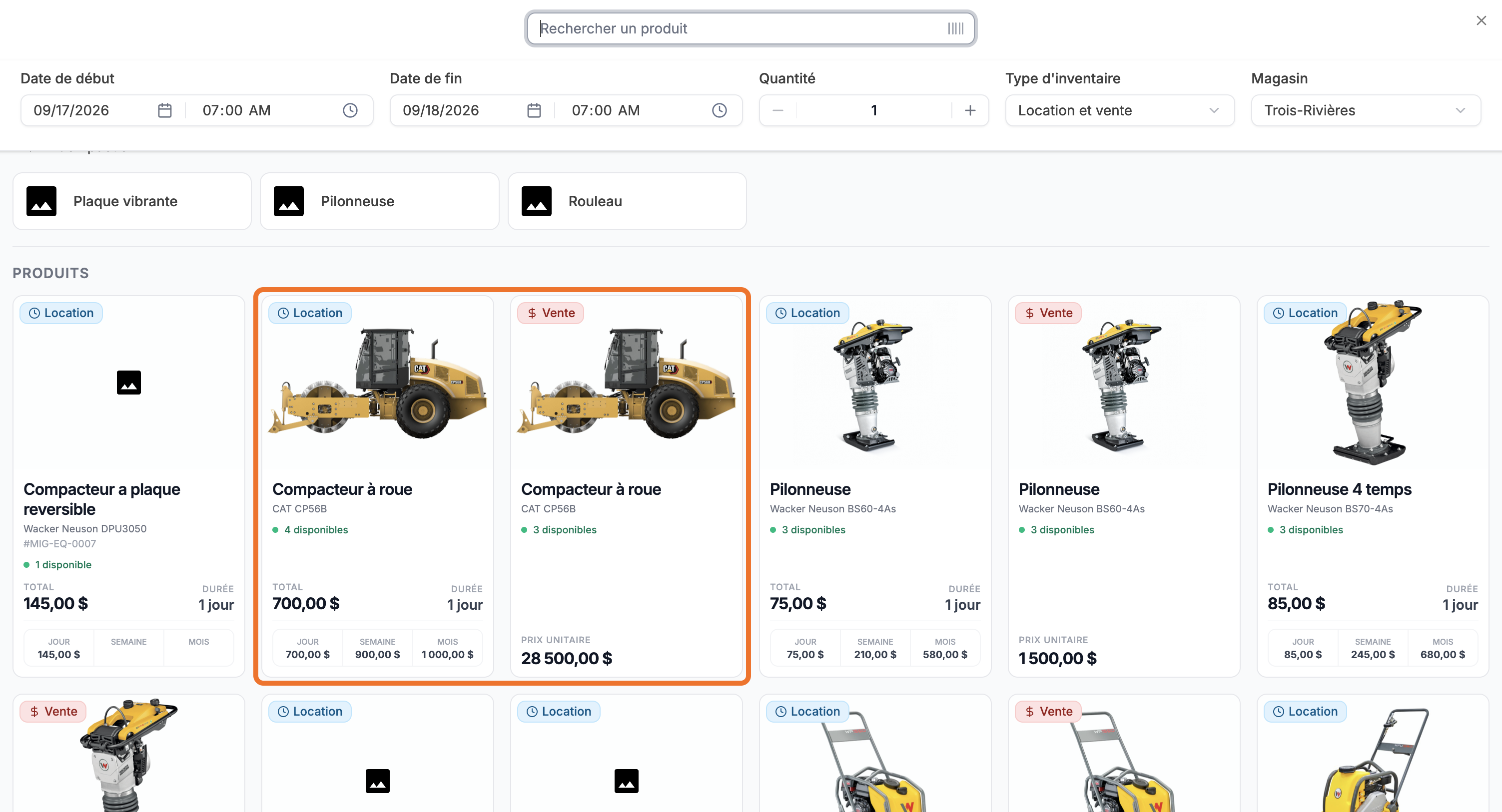 Deux cartes de produit du catalogue, Location et Vente, avec la quantité disponible et le prix