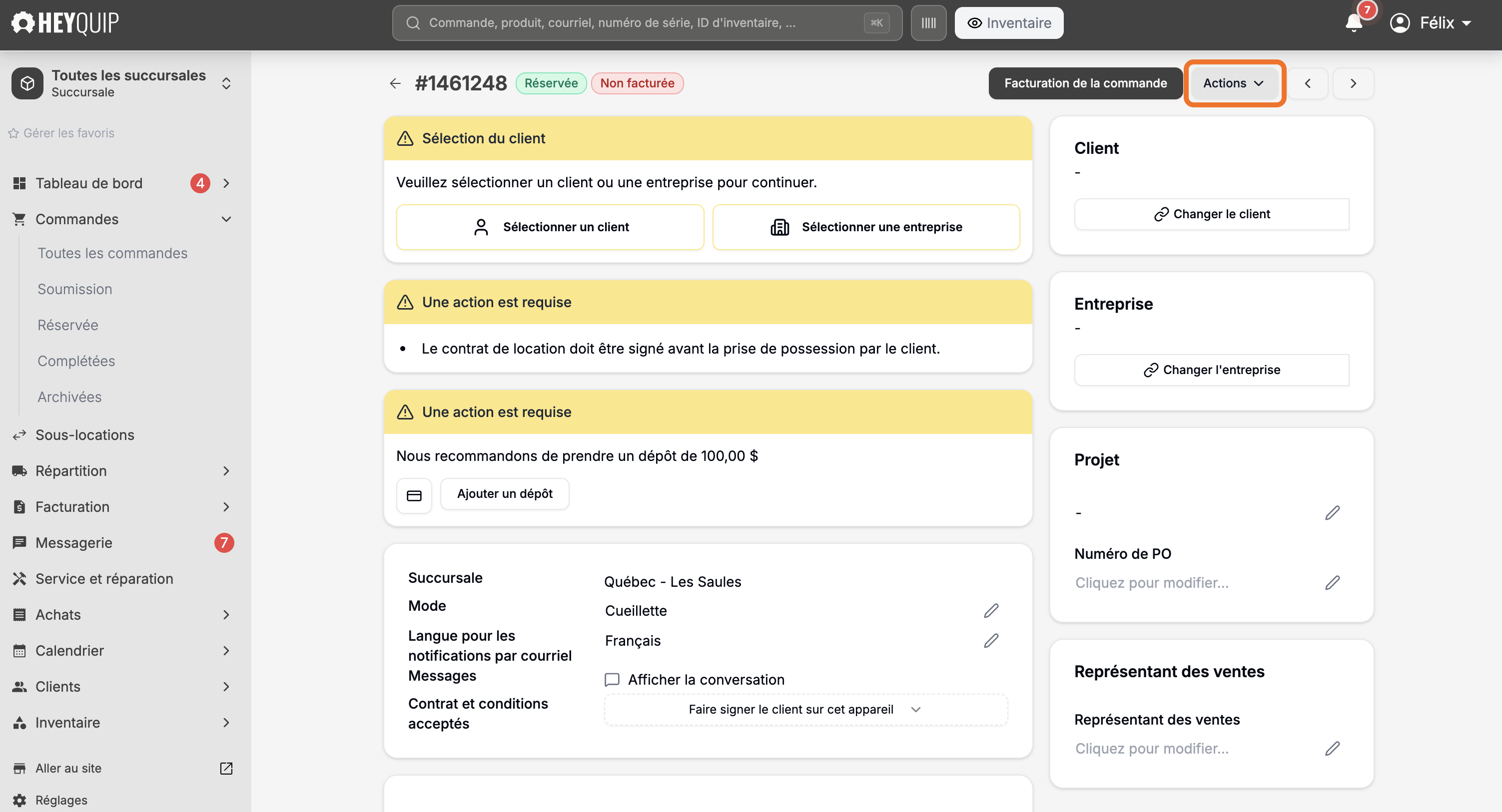 Une soumission avec le bouton Actions encadré