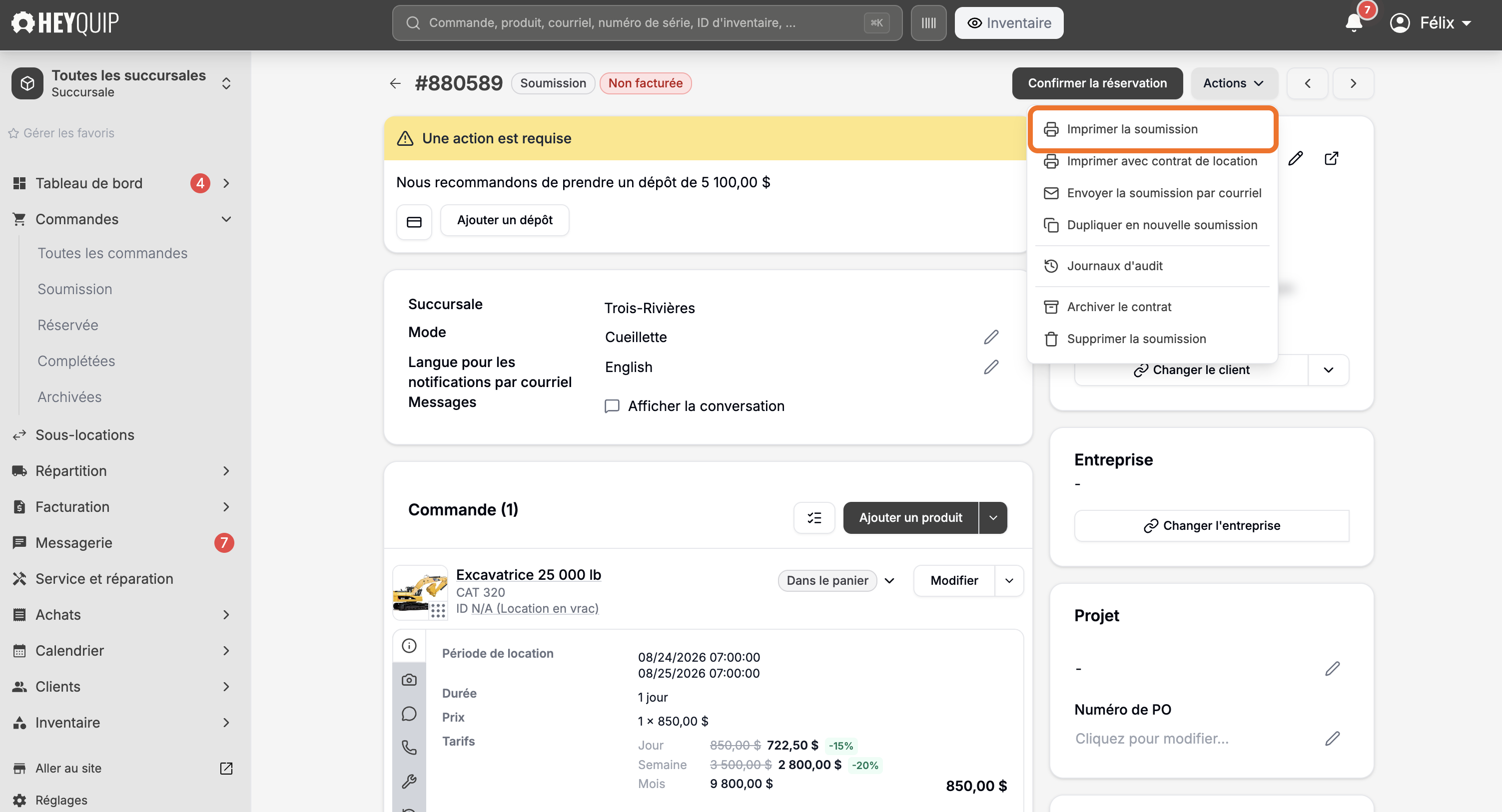 Le menu Actions ouvert sur une commande, avec Imprimer encadré