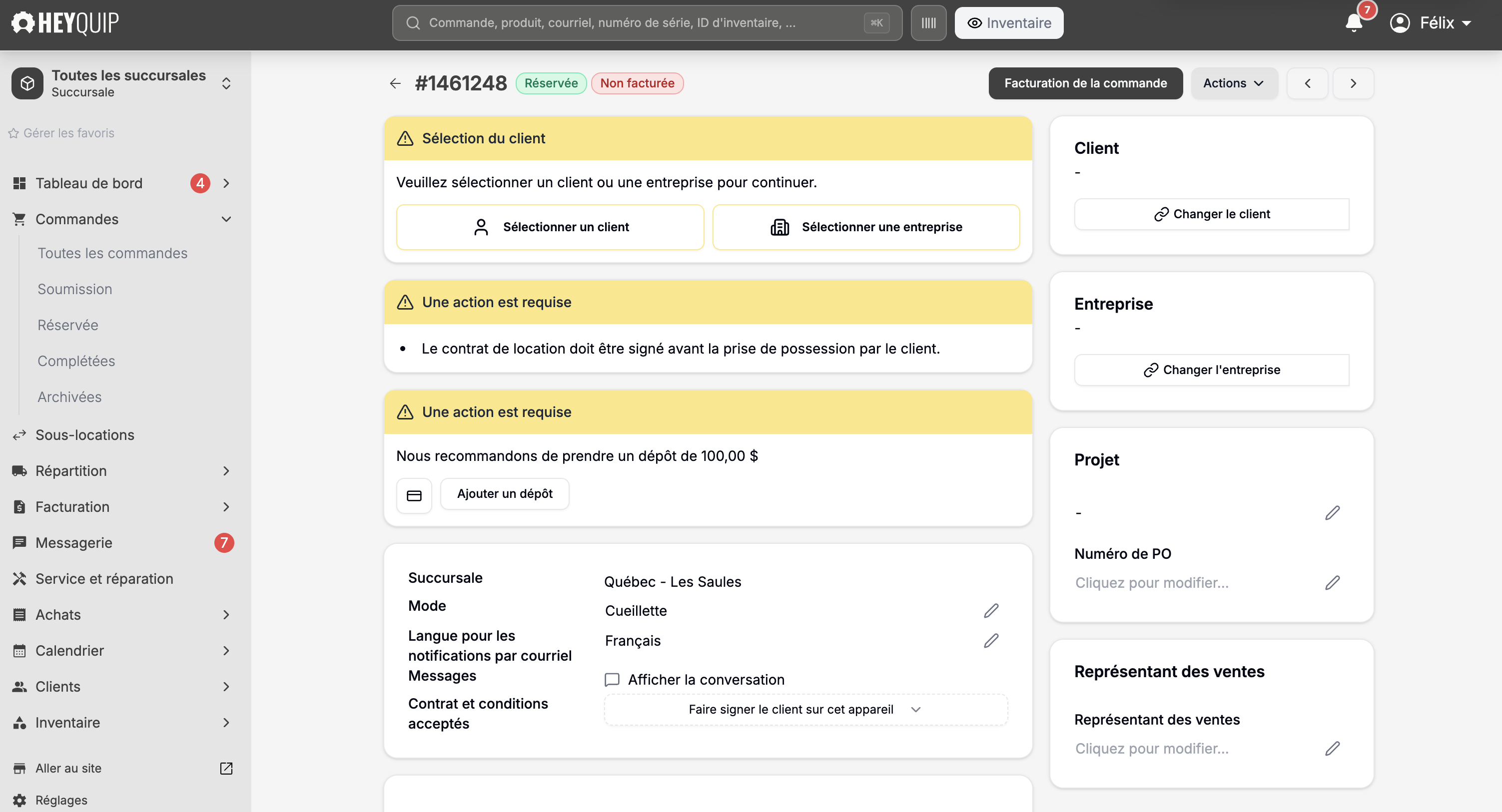 La bannière jaune qui rappelle que le contrat doit être signé avant la remise