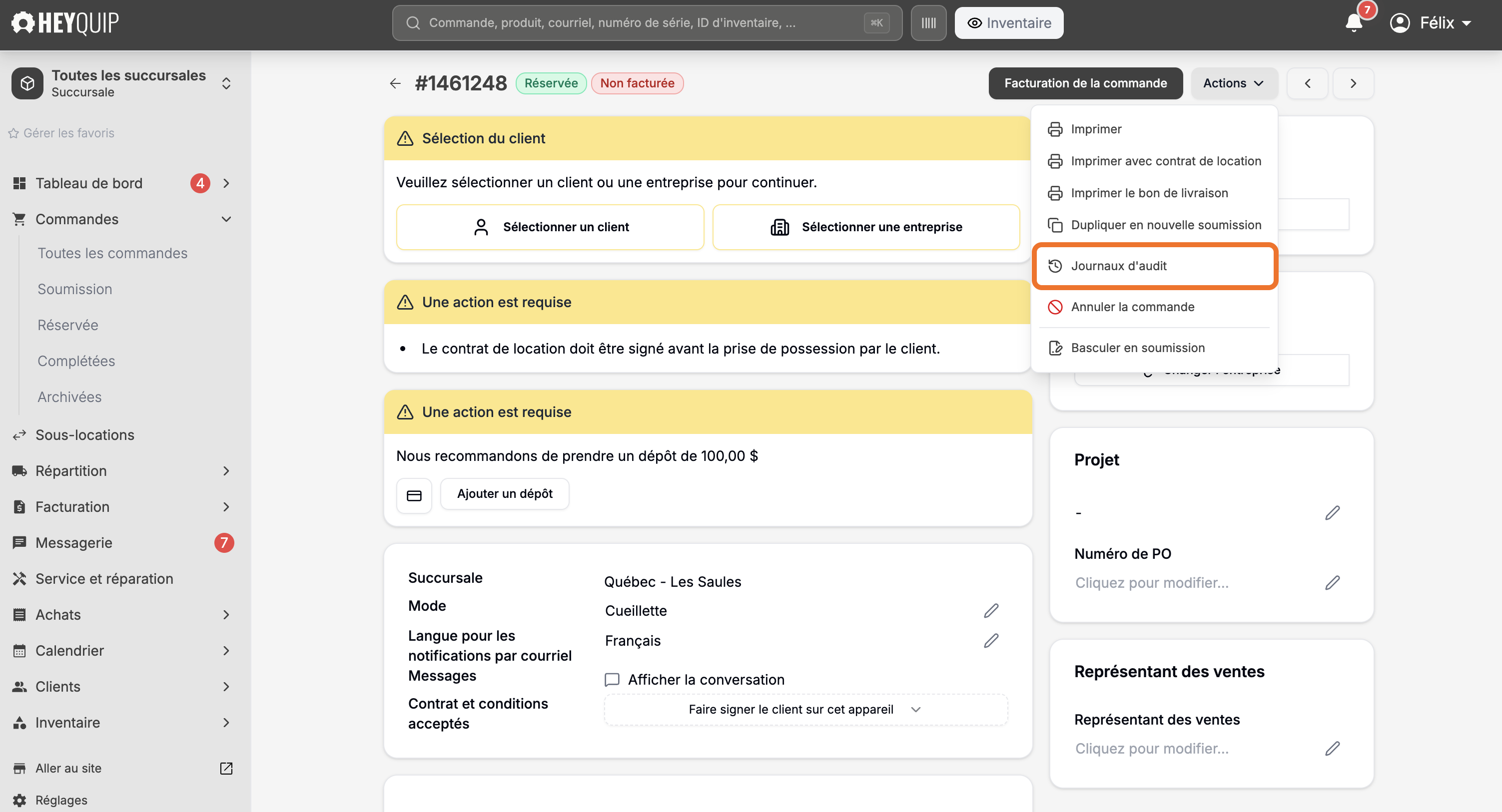Le menu Actions ouvert sur une commande, avec Journaux d'audit encadré