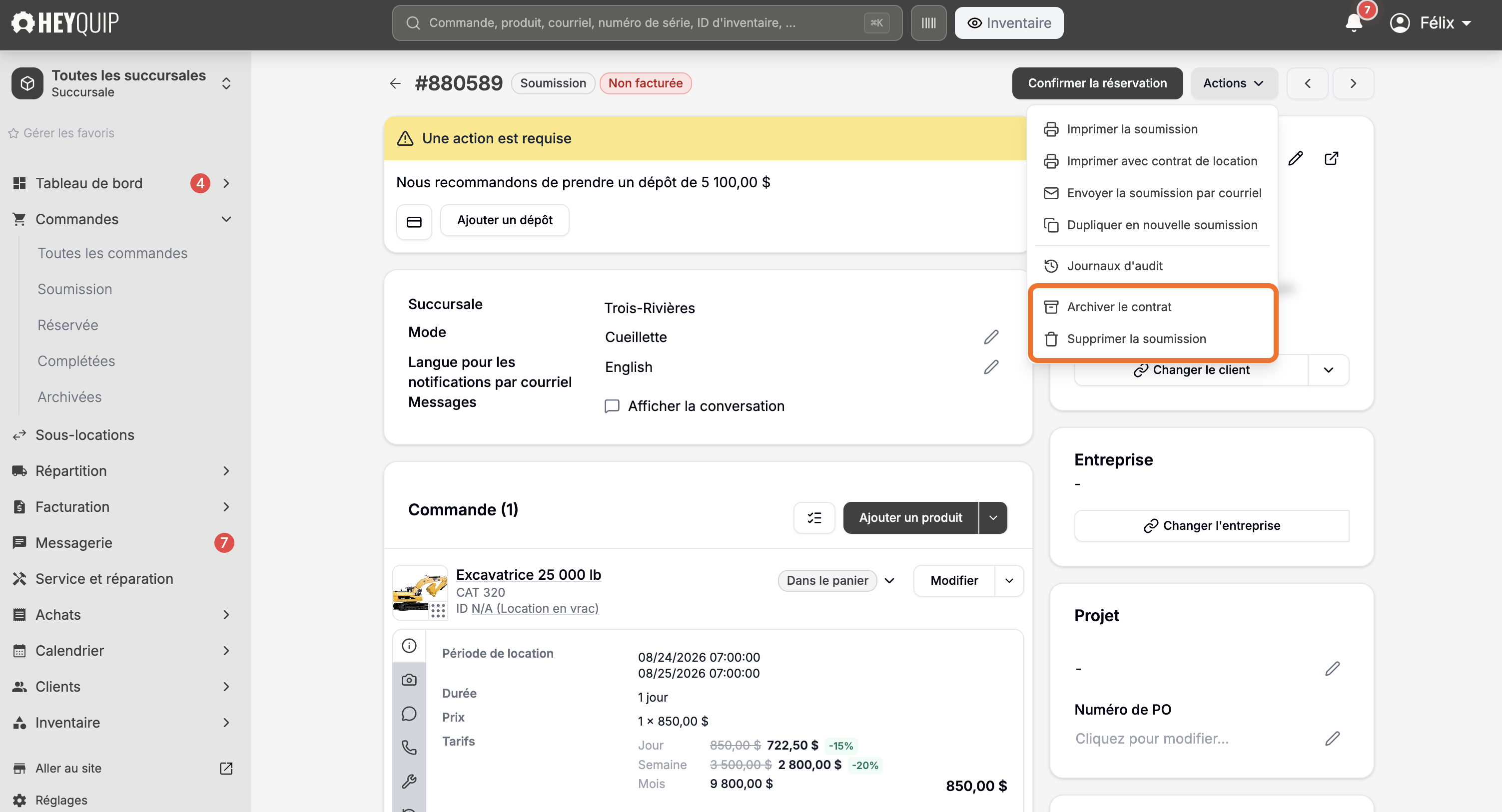 Le menu Actions ouvert sur une soumission, avec Archiver le contrat et Supprimer la soumission encadrés