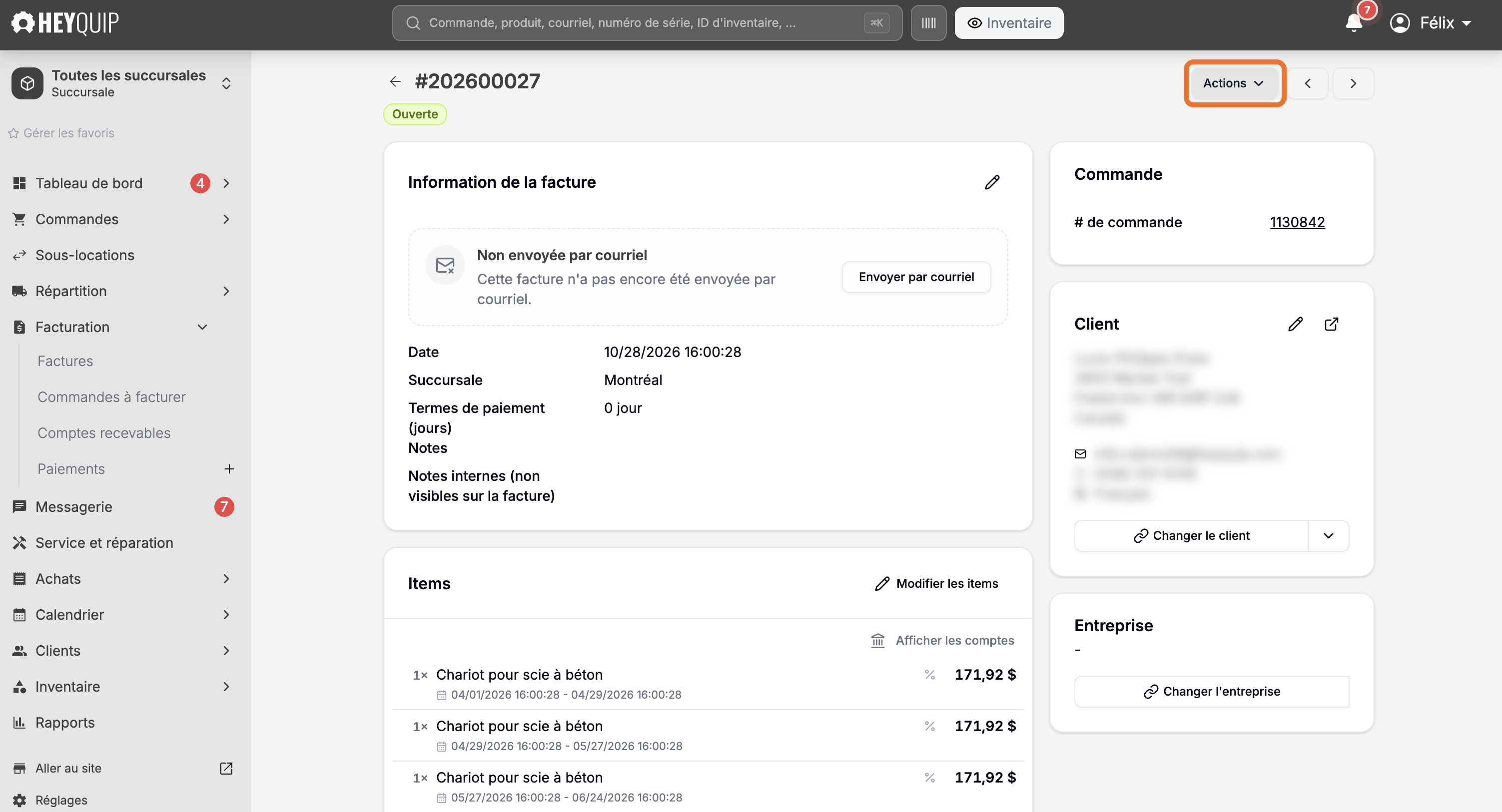 L'en-tête d'une facture ouverte avec le bouton Actions, avant de l'annuler