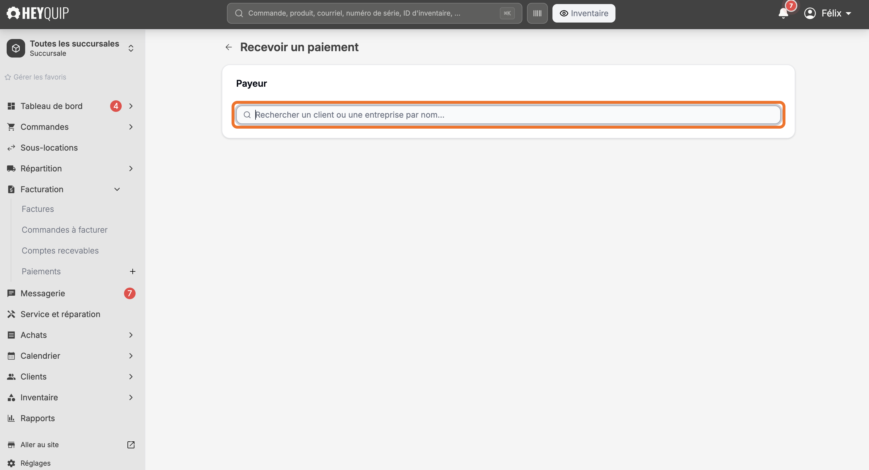 Le champ de recherche du payeur sur la page Paiements