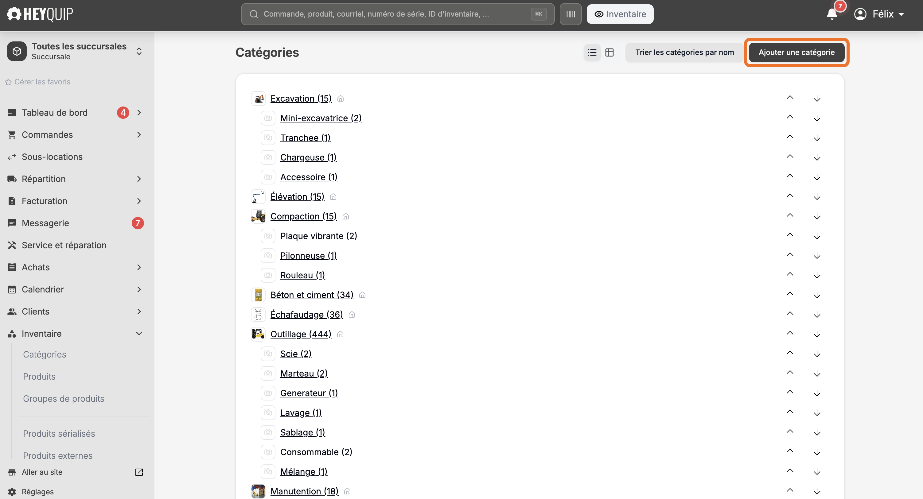 La liste des catégories avec le bouton d'ajout encadré