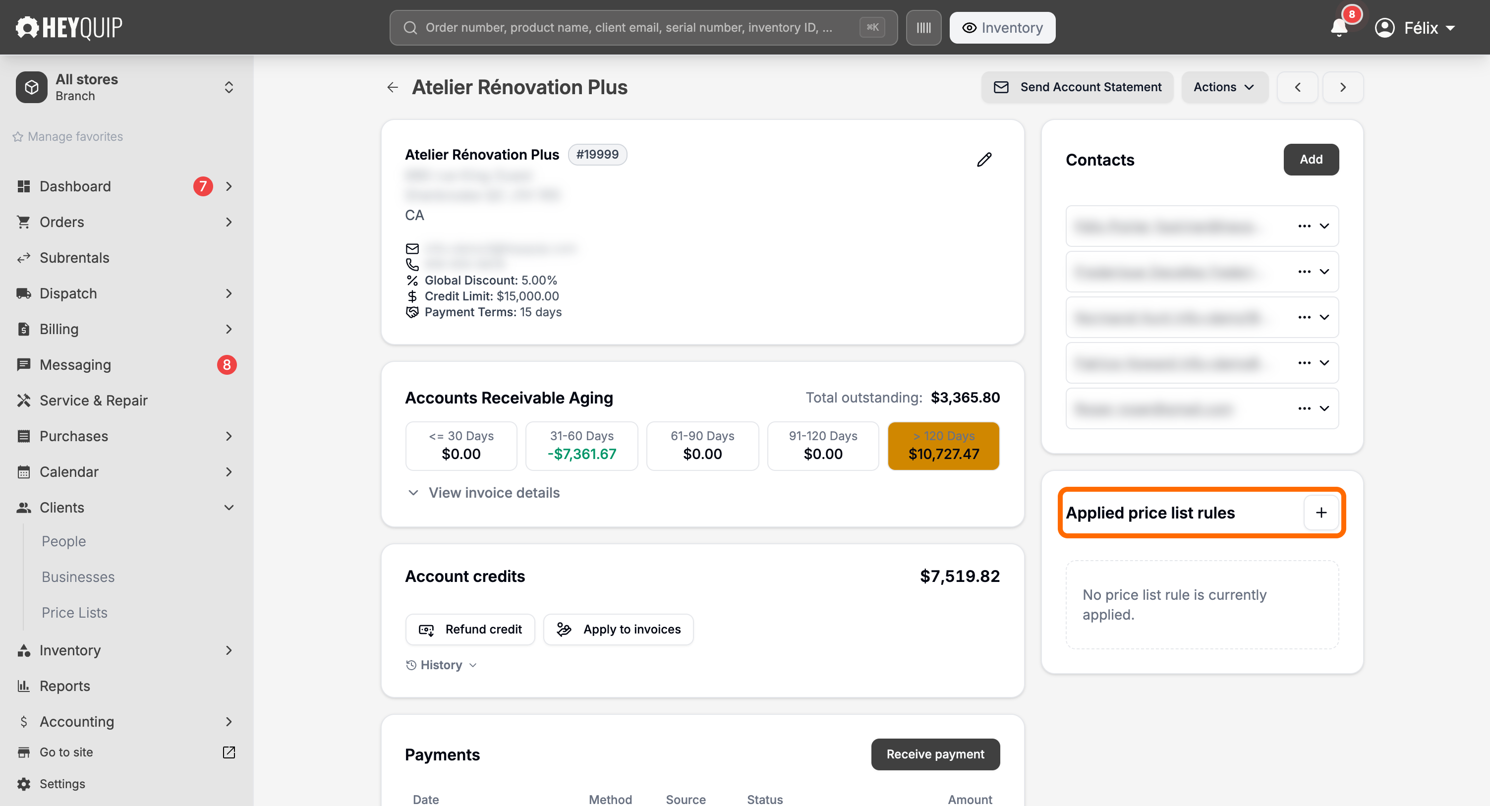 A business record's Applied price list rules card