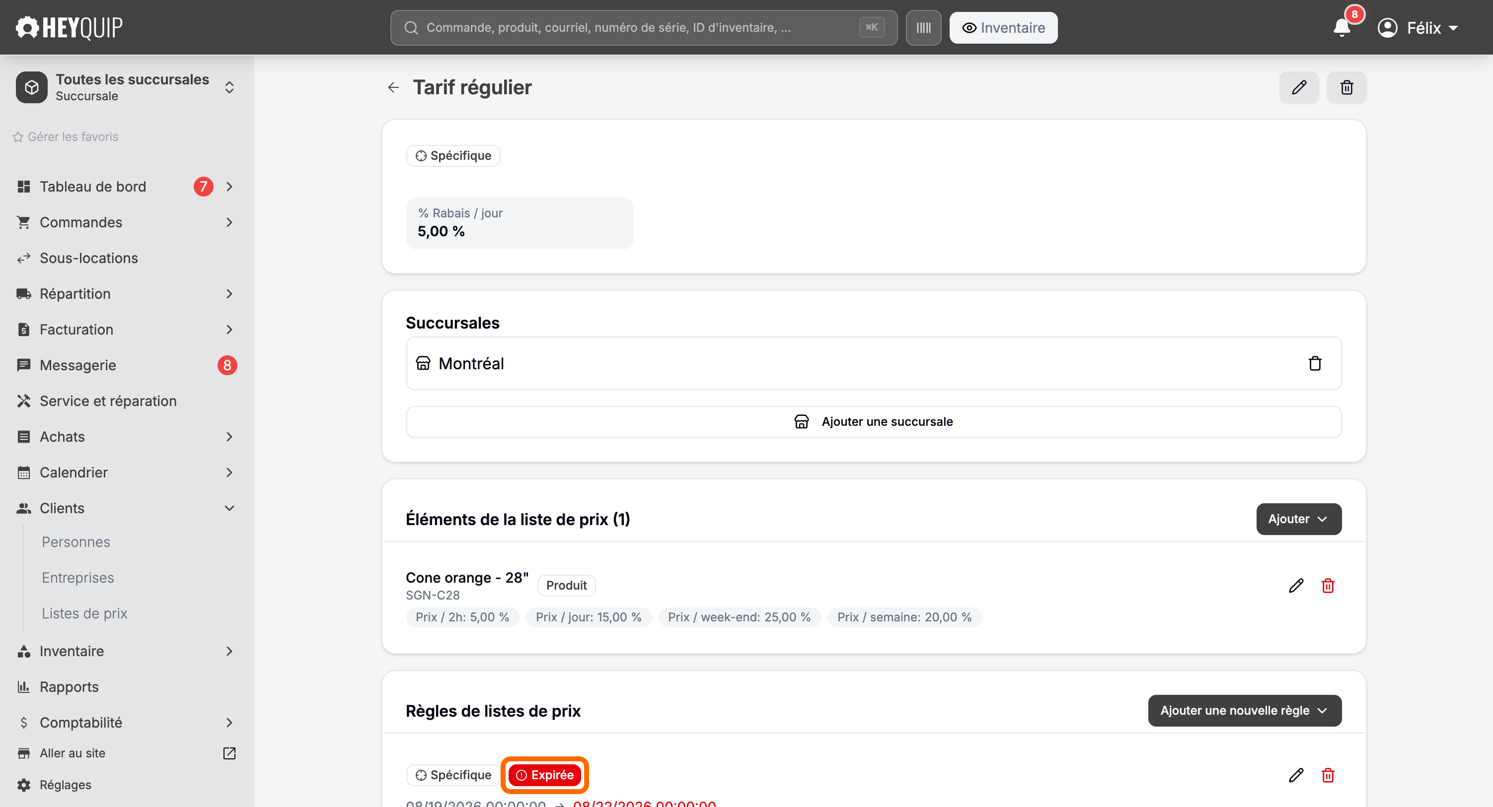 Une règle de liste de prix avec une étiquette rouge Expirée