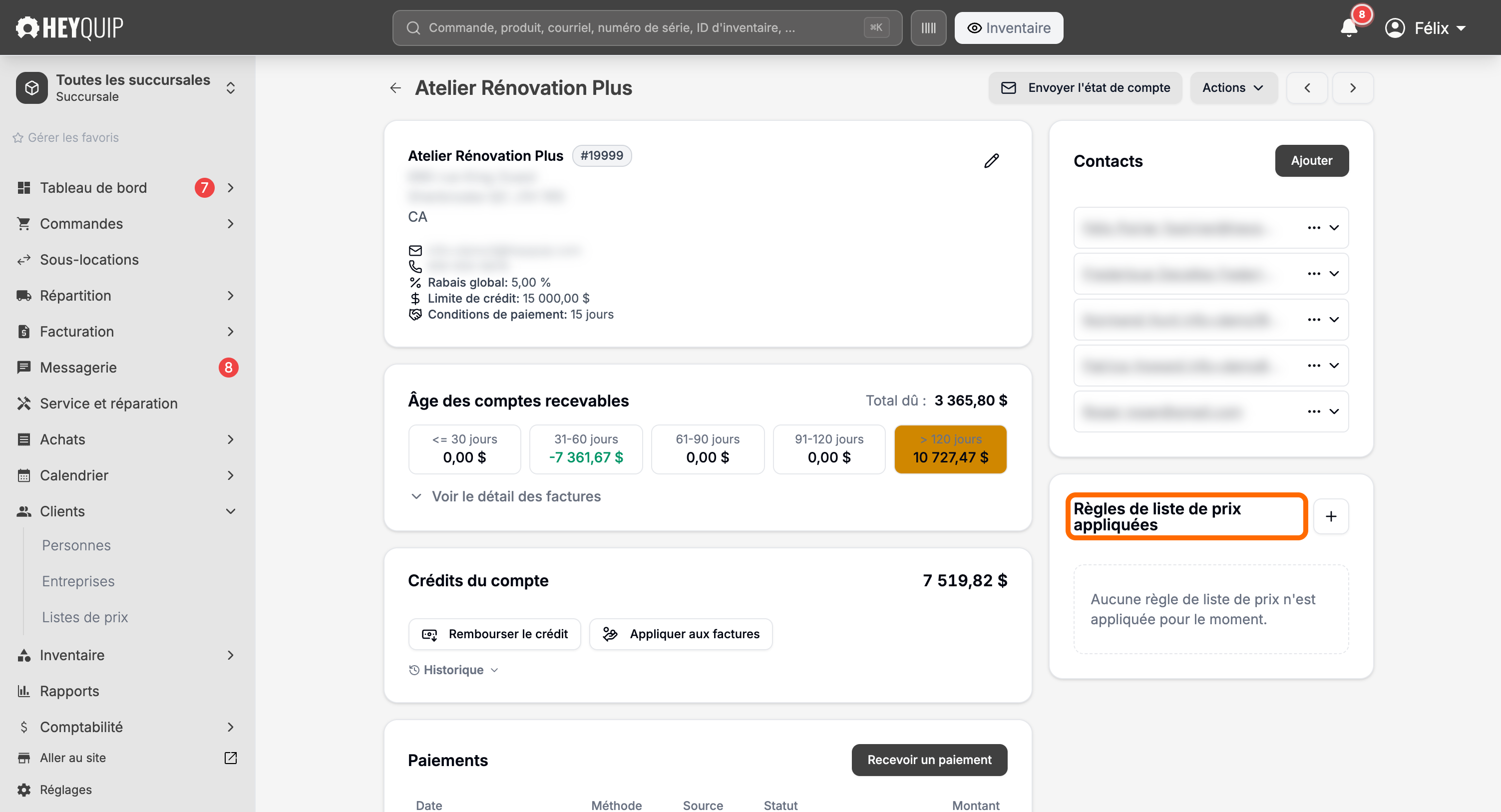 La carte des règles de liste de prix appliquées d'une fiche entreprise
