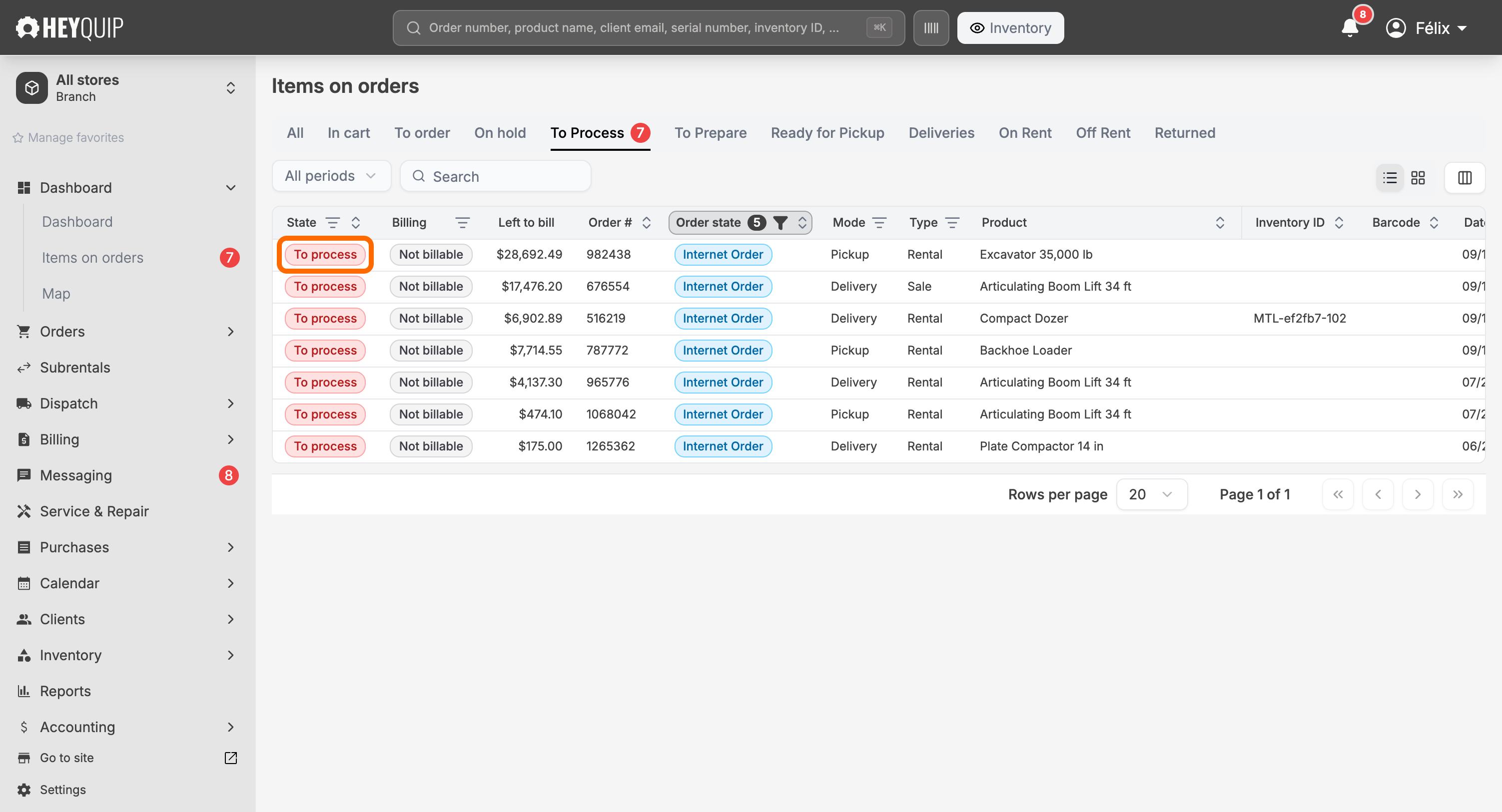 The Items on orders screen with the To Process filter tab and its count badge