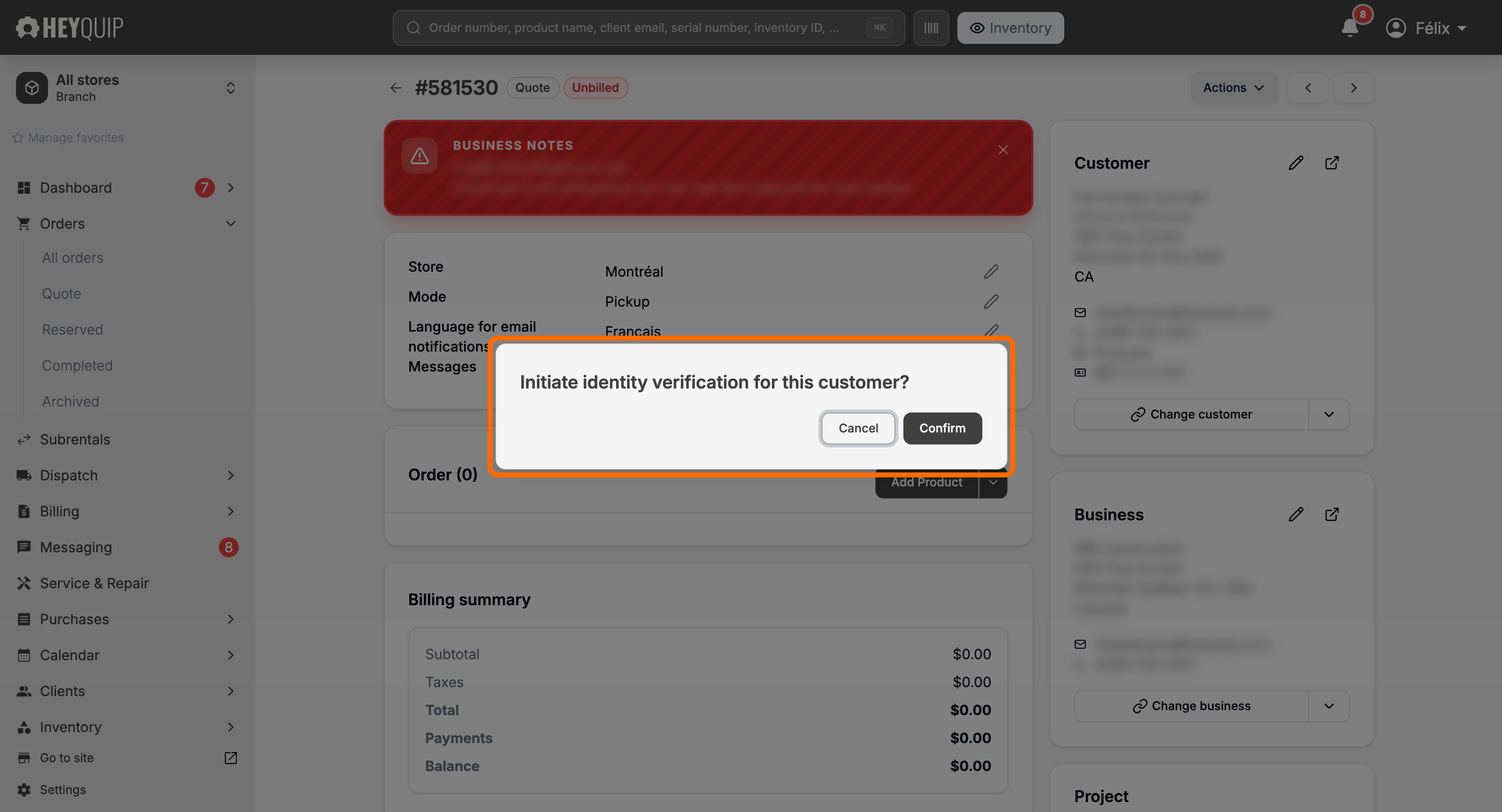 The confirm dialog that appears after clicking Verify Customer, with Cancel and Confirm