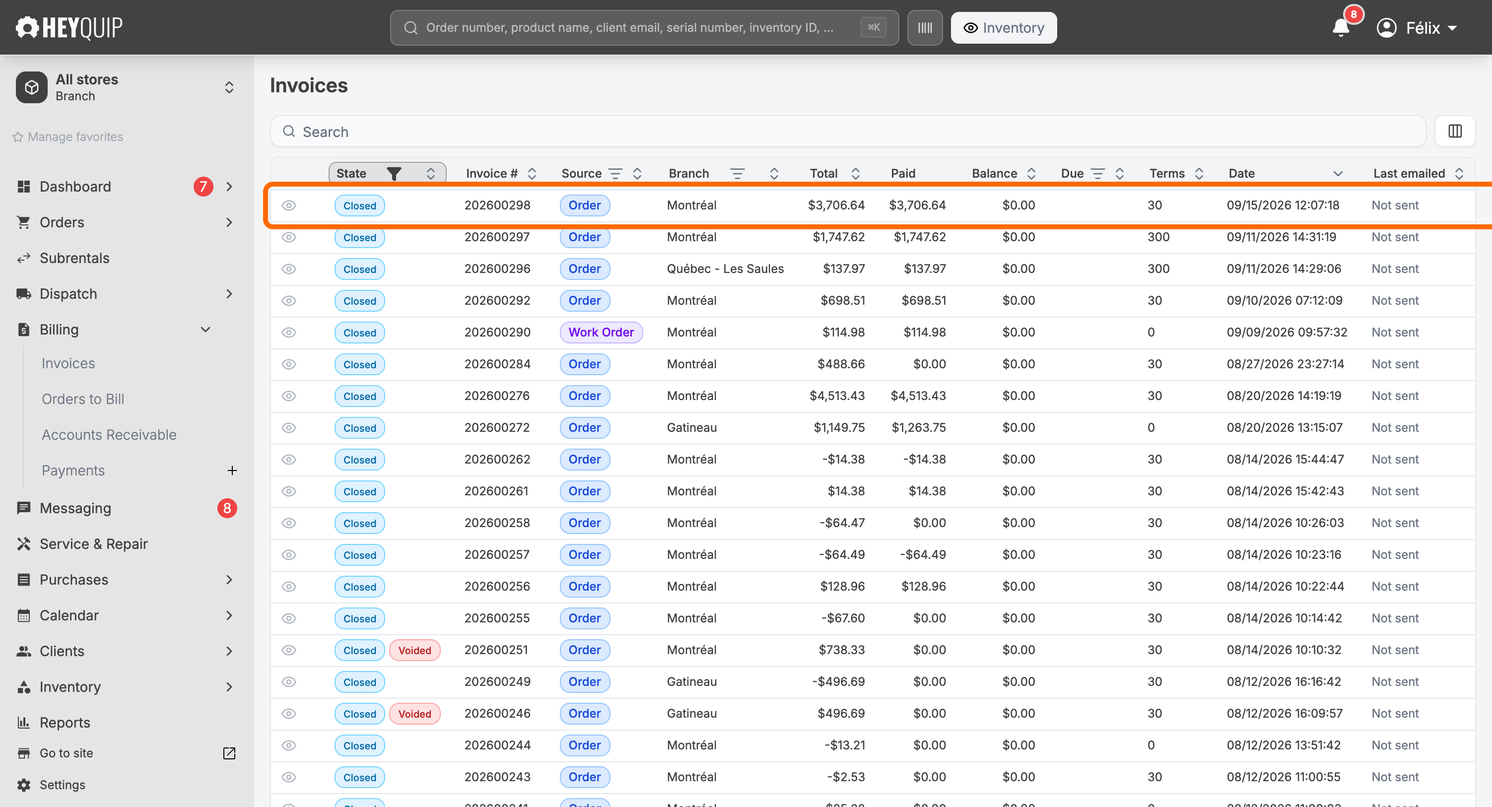An Invoices list row with the Closed state badge