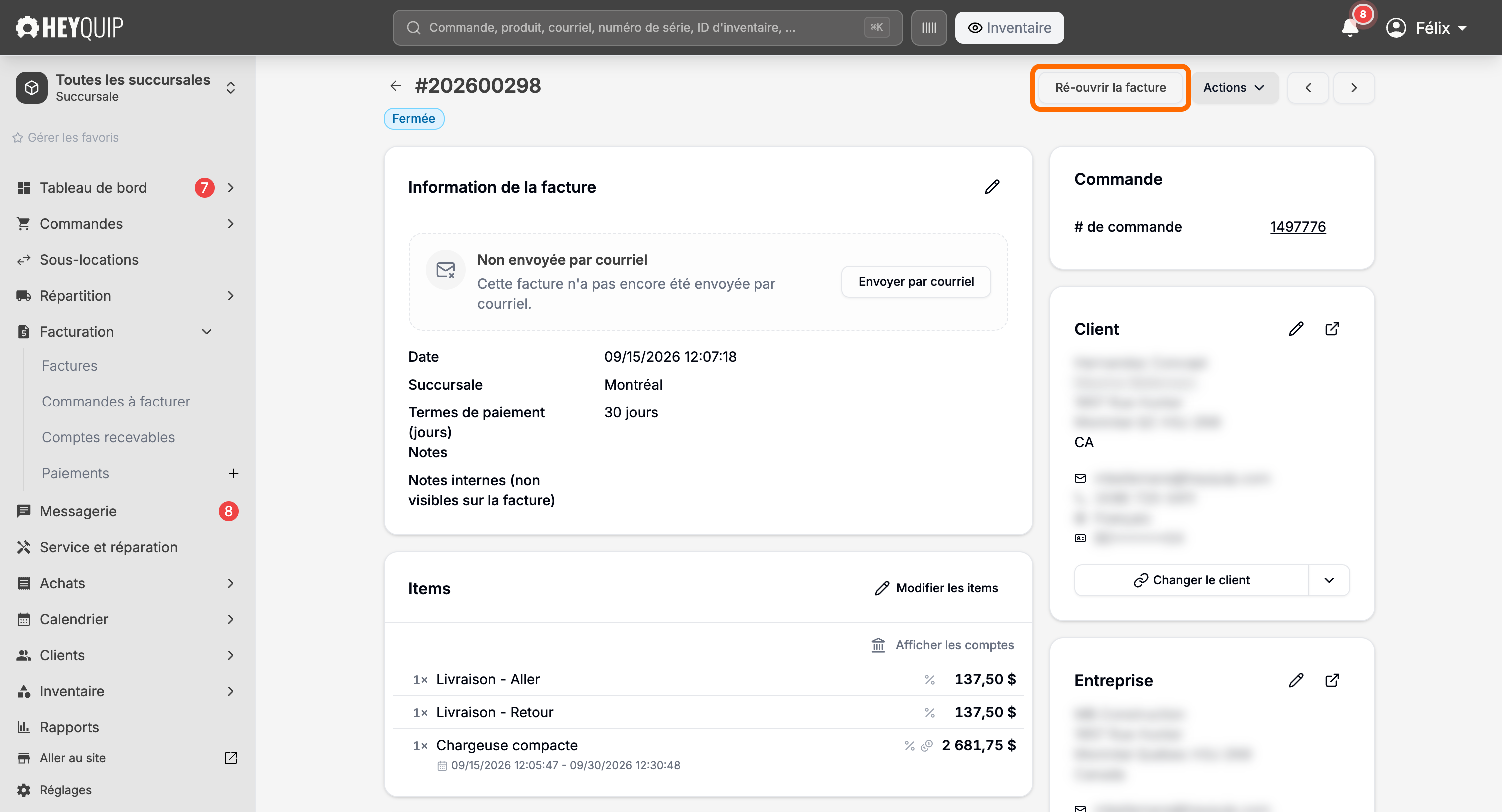 L'en-tête d'une facture fermée avec le bouton de réouverture à côté du menu Actions