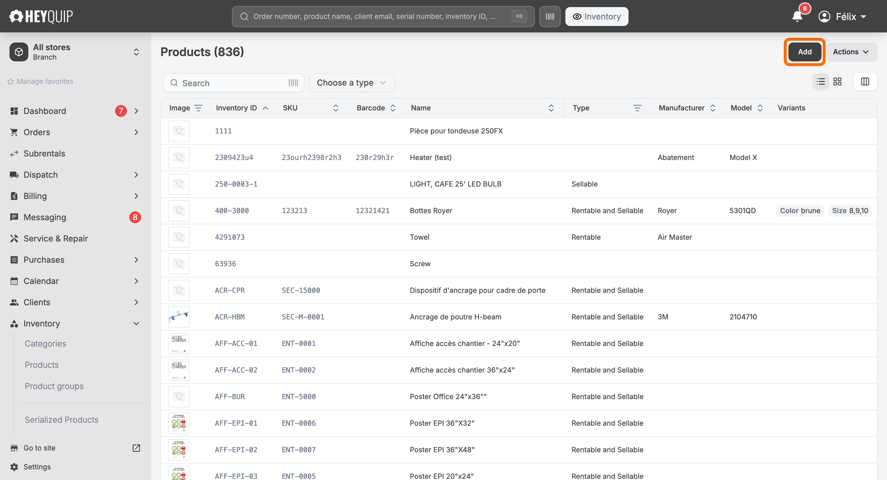 The Products list with the Add button highlighted