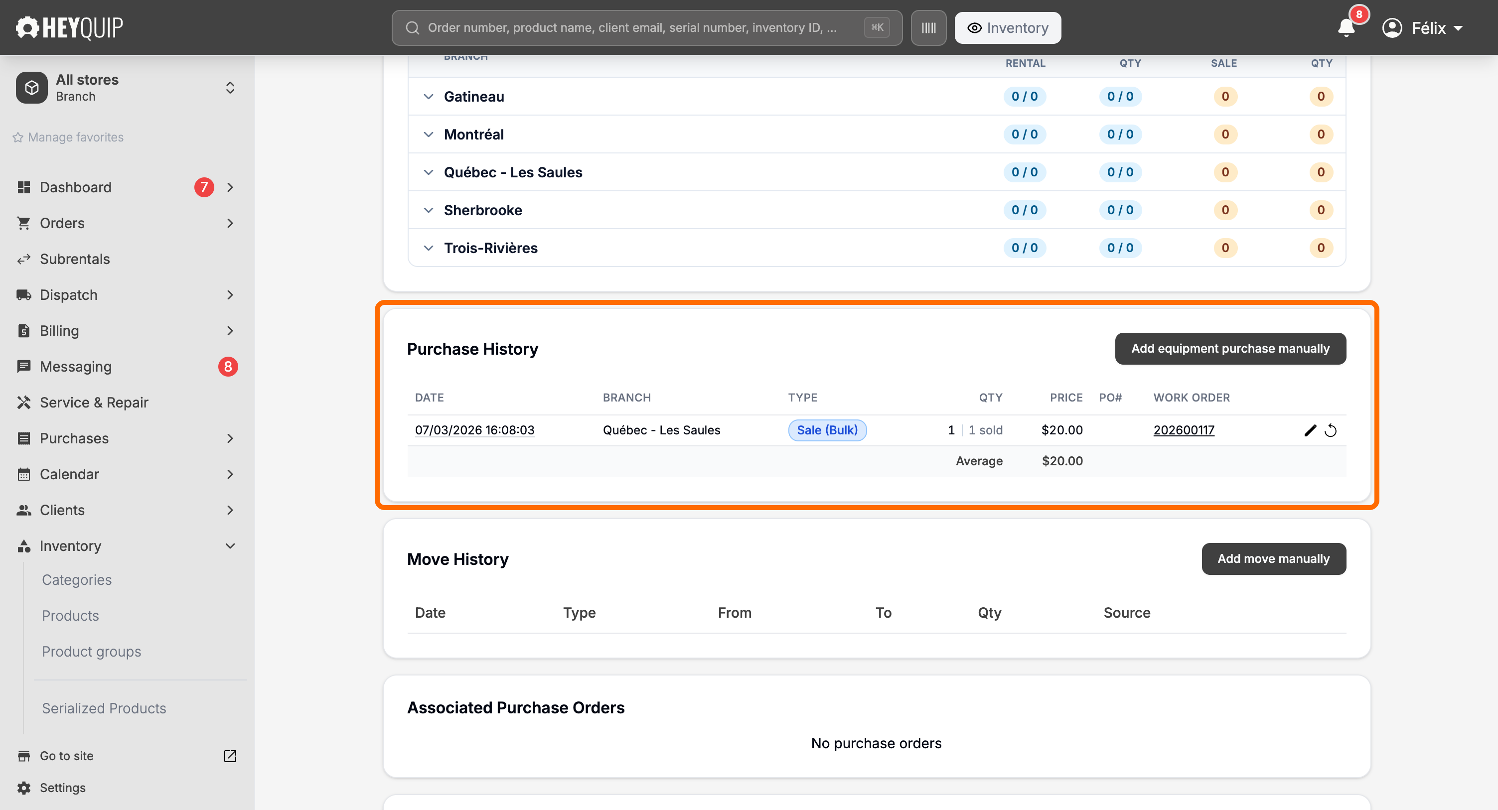 A product's Purchase History section