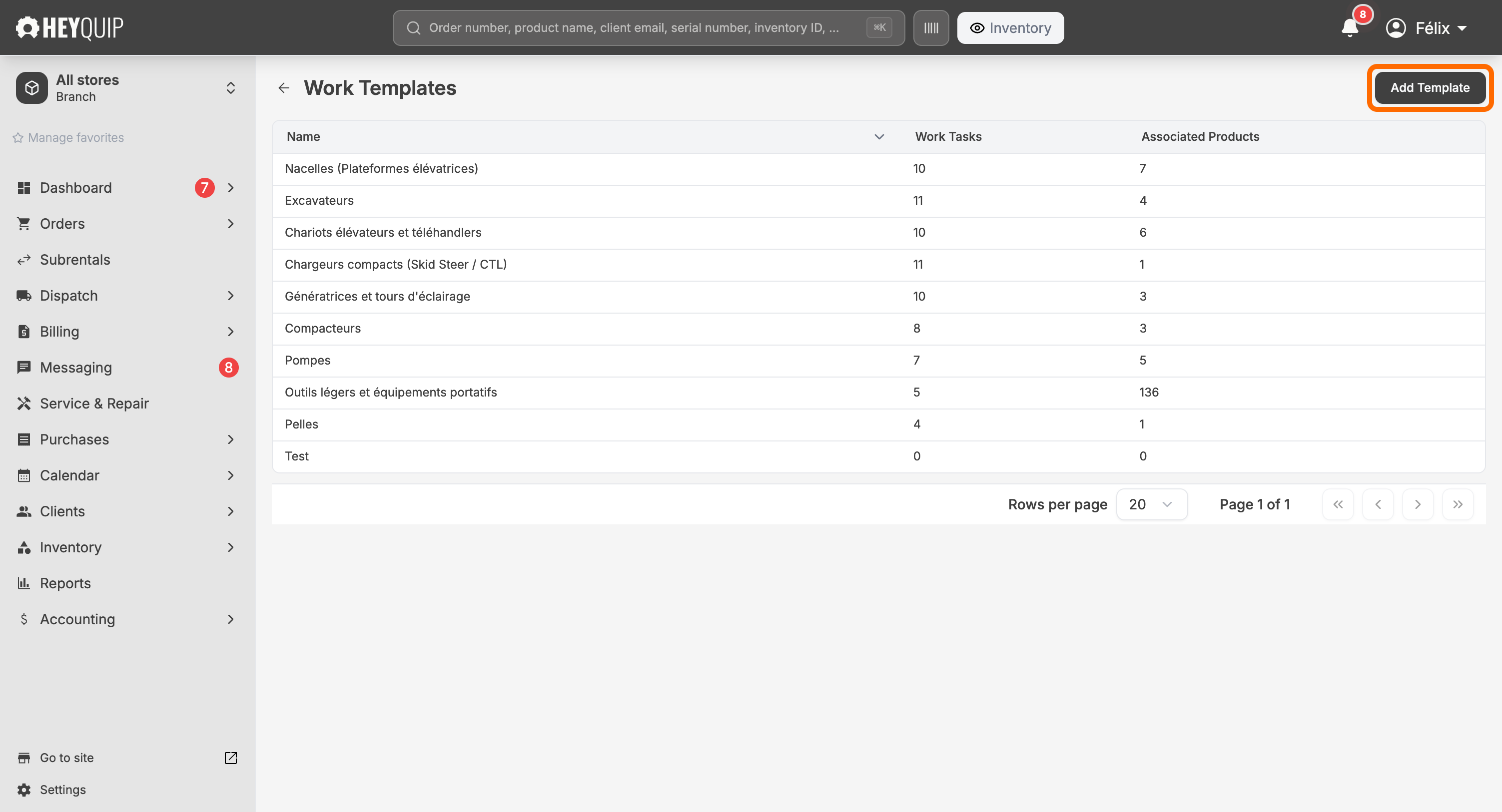 The Work Templates list with the Add Template button highlighted