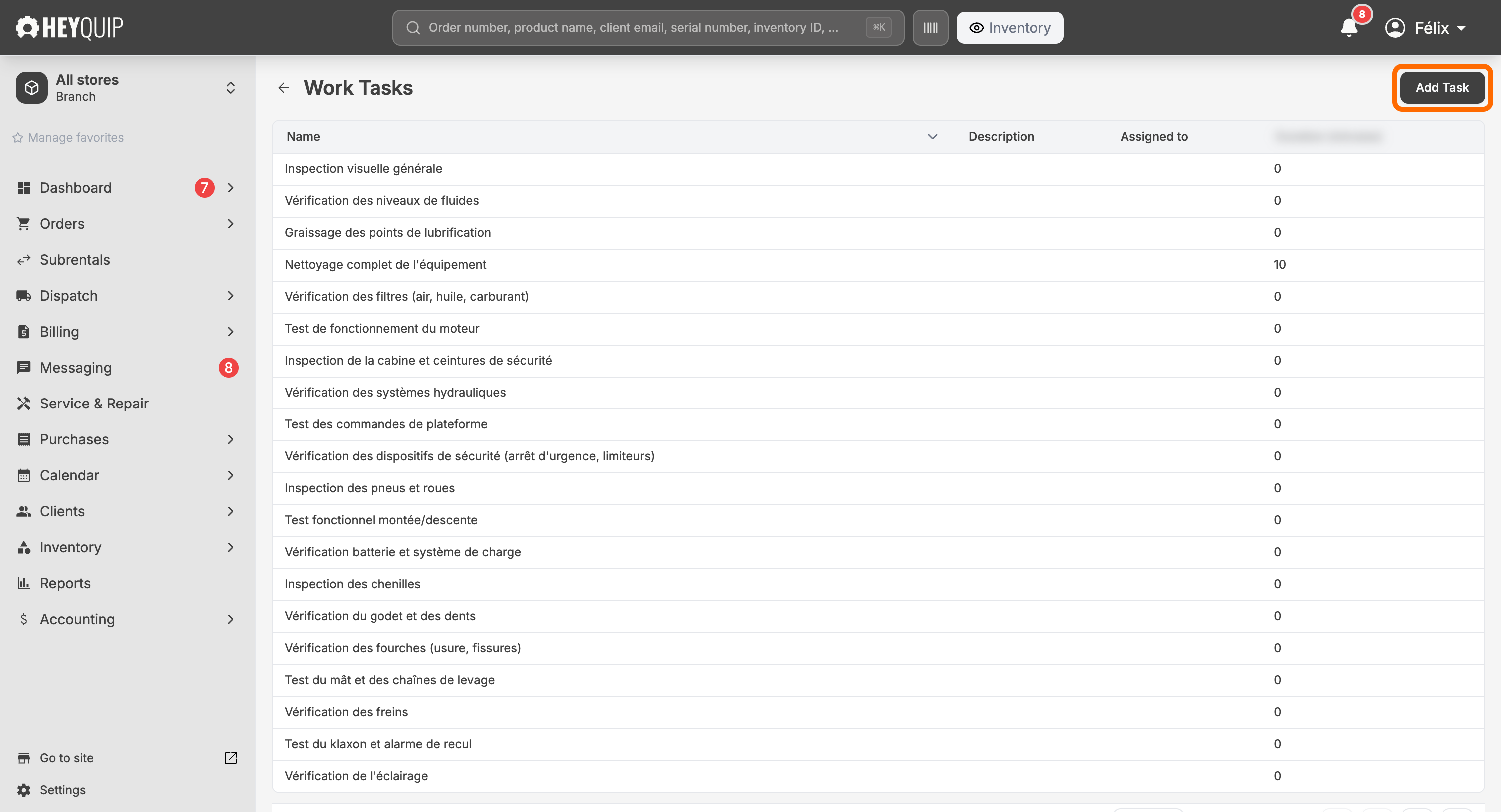The Work Tasks library with the Add Task button highlighted