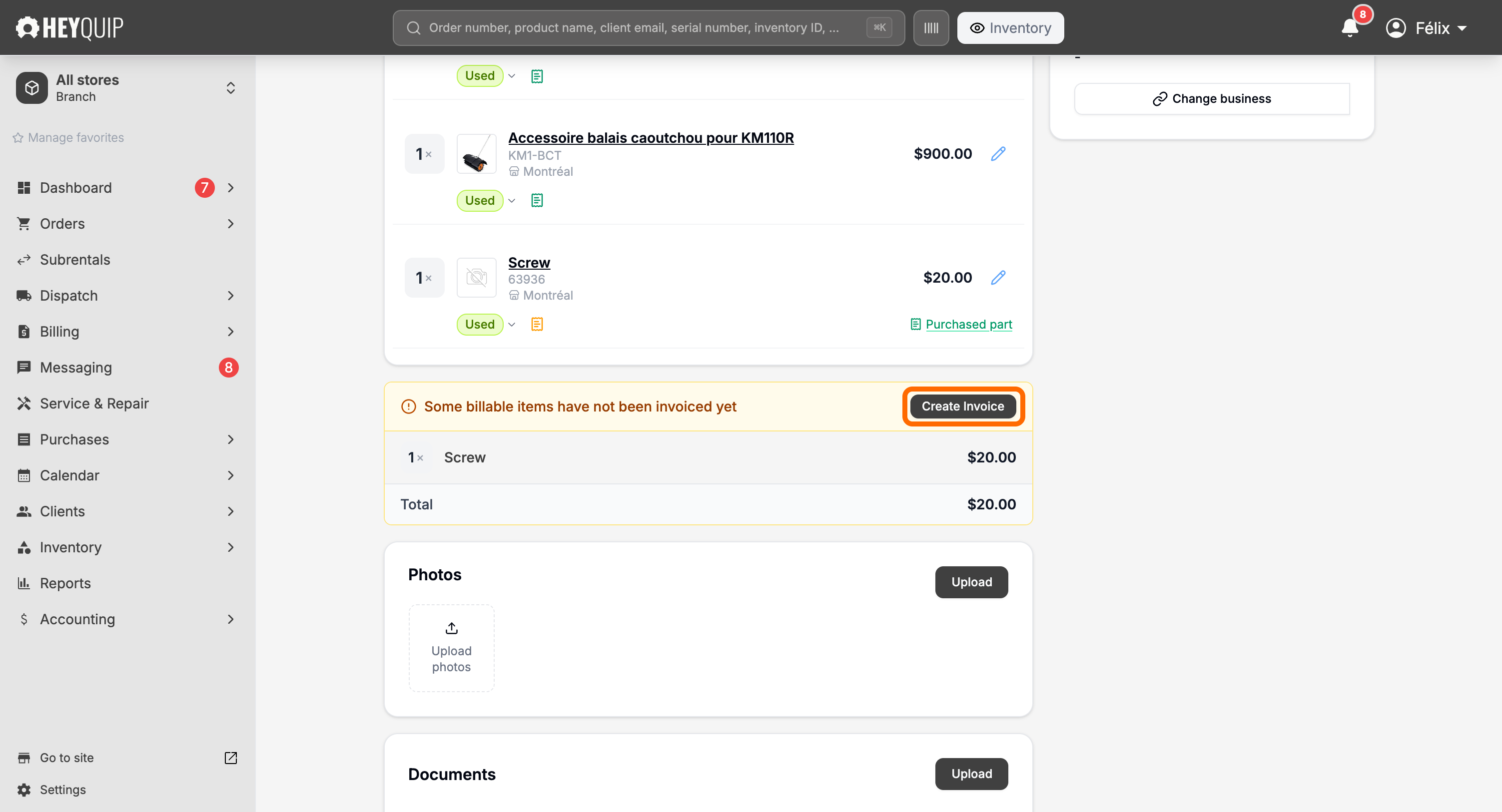 A work order's Parts section with the Create Invoice banner highlighted