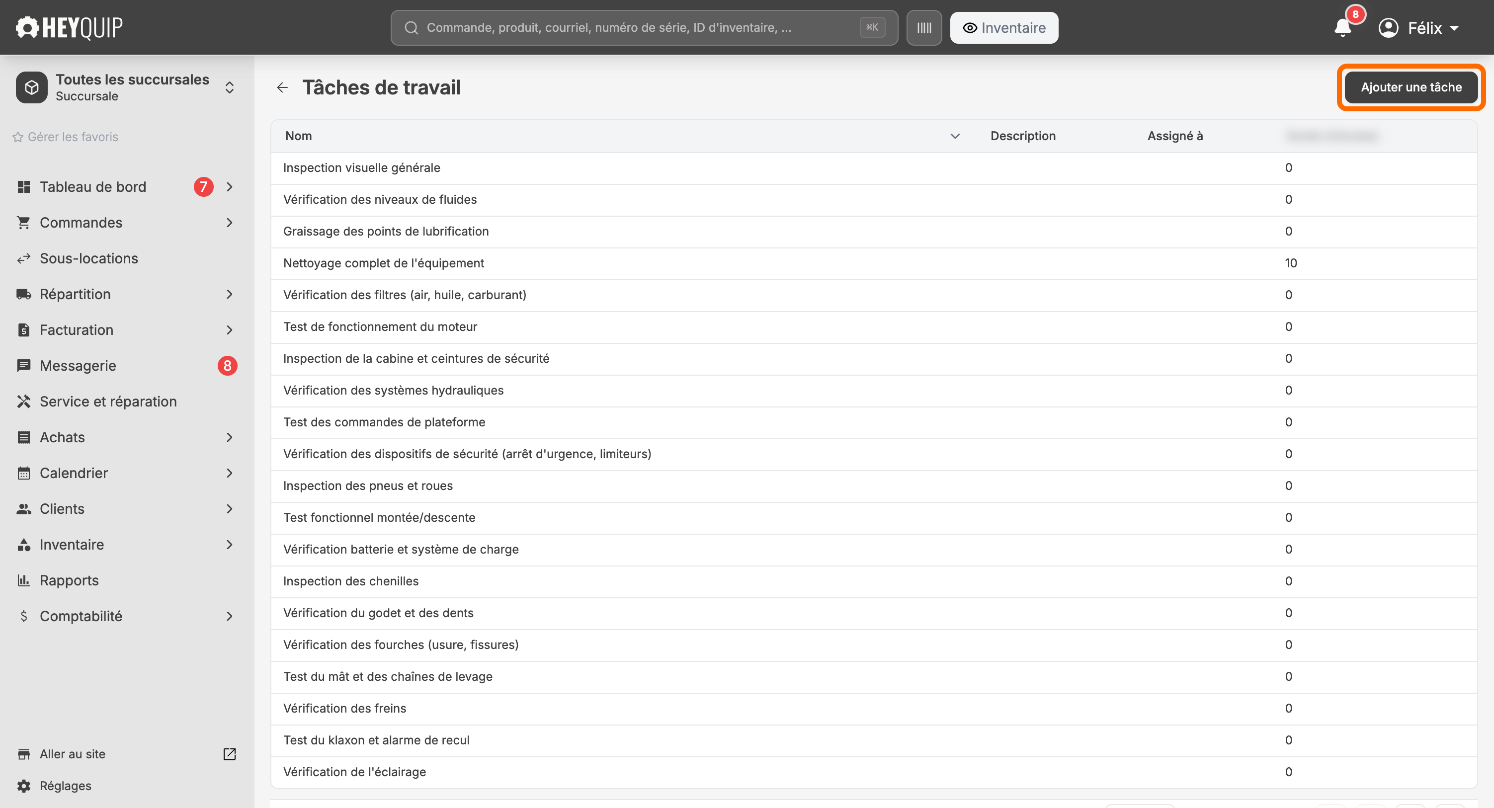 La bibliothèque de tâches d'entretien, où chaque tâche se crée avec un nom et une description